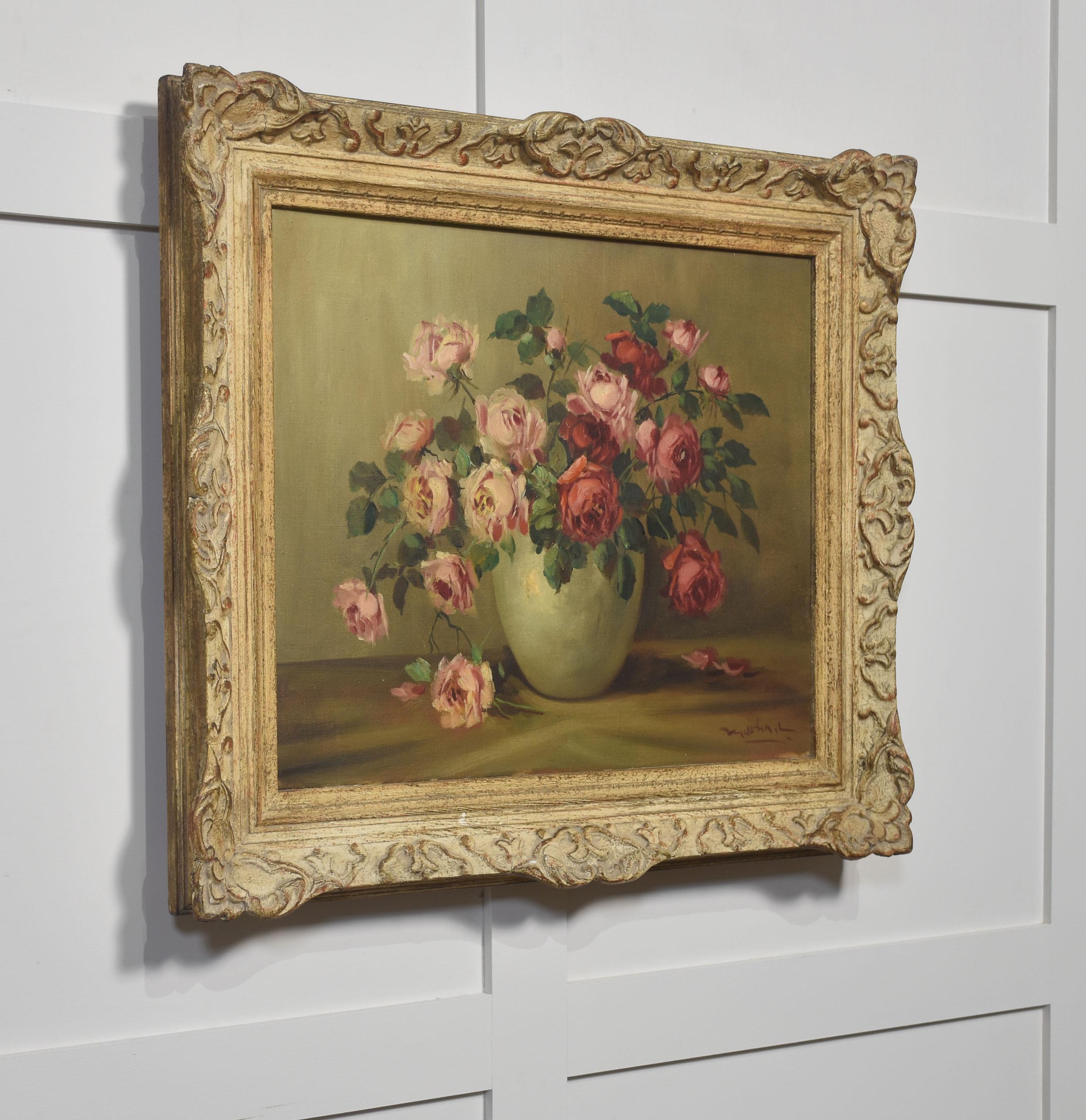 Still Life Oil on Canvas Roses in Vase For Sale 1