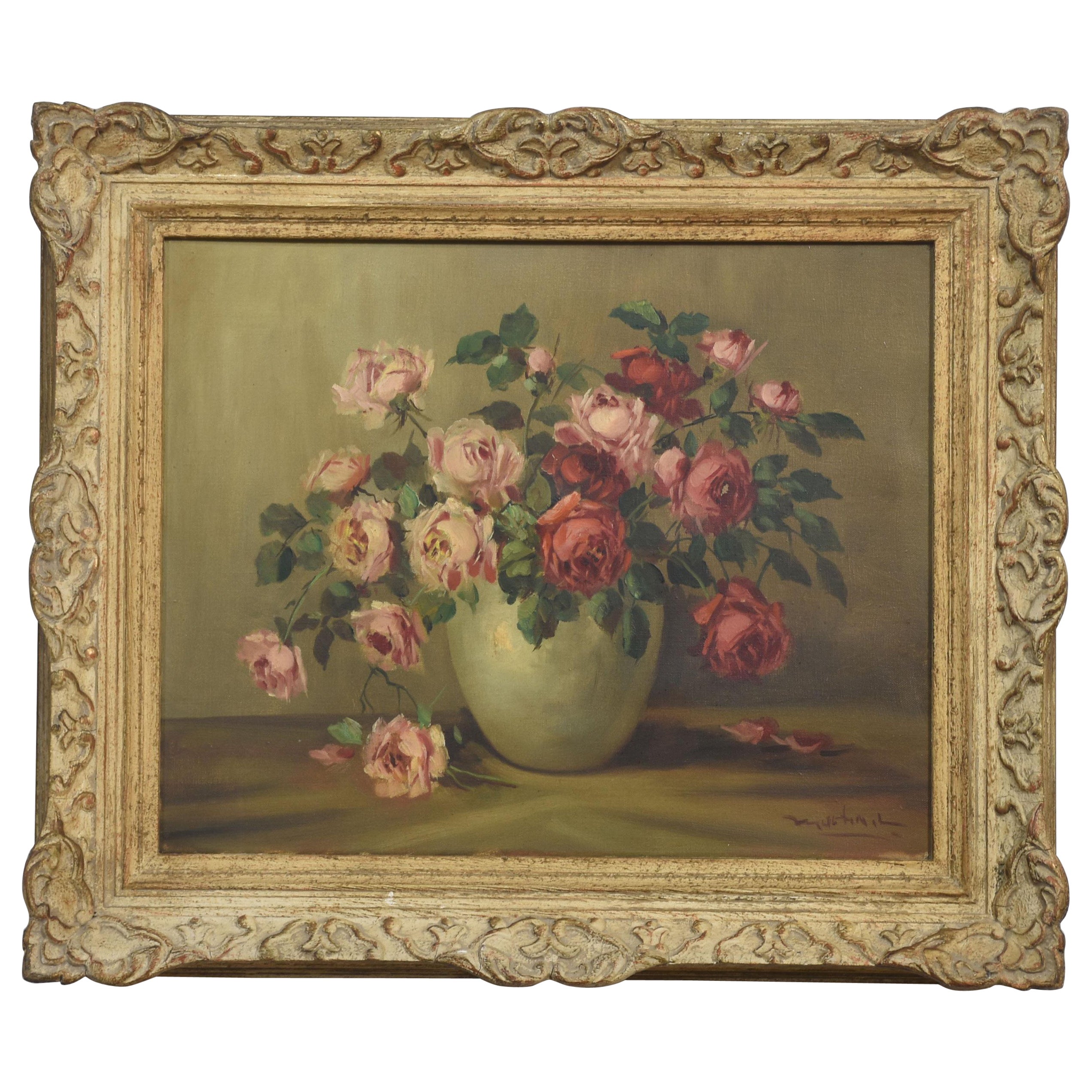 Still Life Oil on Canvas Roses in Vase For Sale