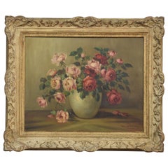 Still Life Oil on Canvas Roses in Vase