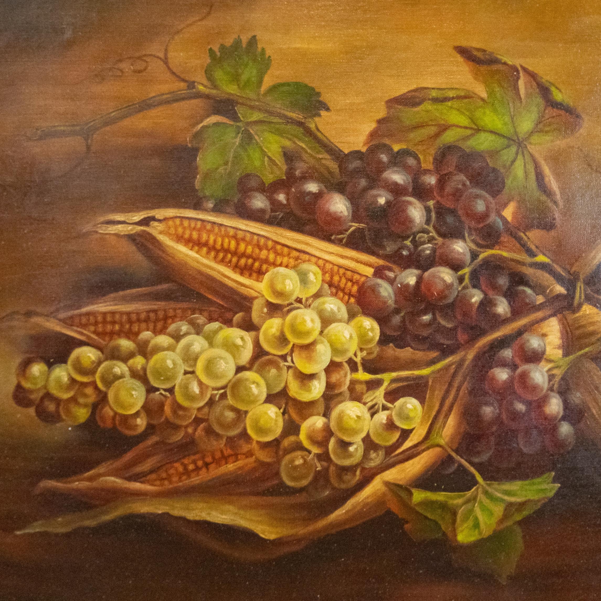 Giuseppe Falchetti (italiano, 1843-1918).  Siglo XIX Óleo sobre lienzo Bodegón con uvas y espigas de maíz, firmado abajo a la izquierda, 