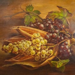 Bodegón al óleo sobre lienzo con uvas y maíz de Giuseppe Falchetti, ca. 1875