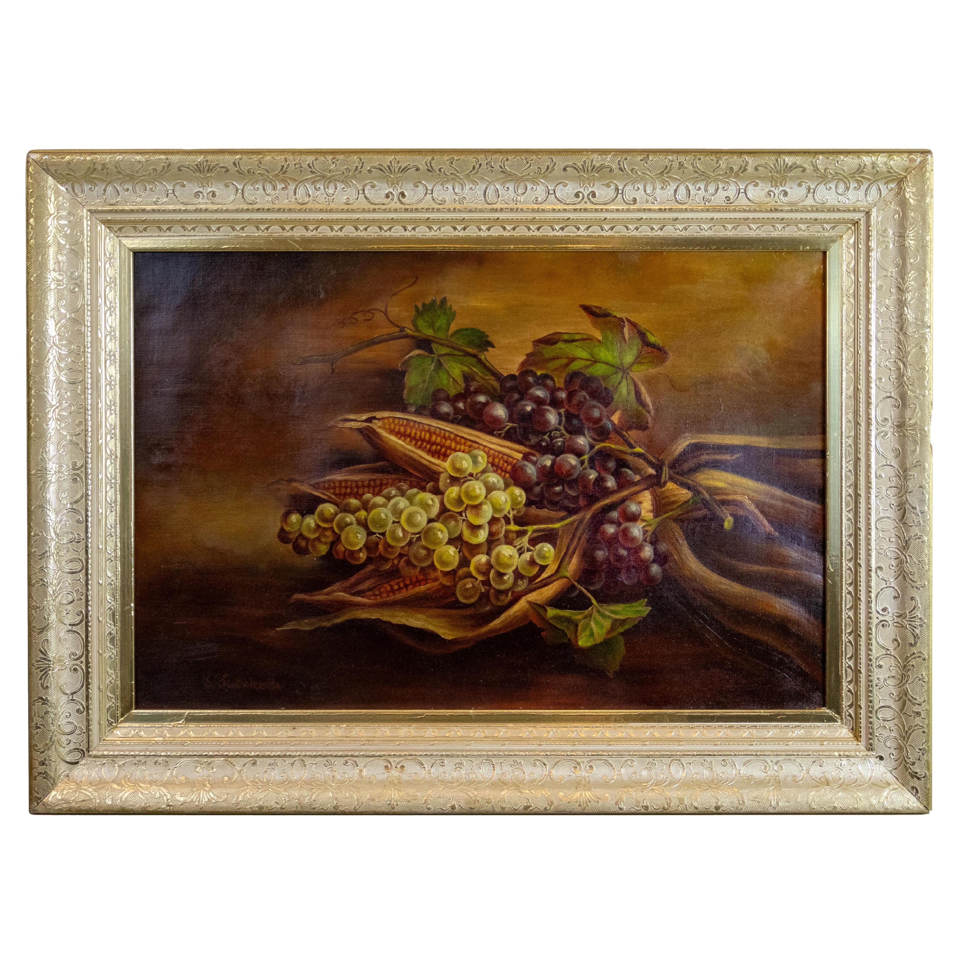 Still Life Oil on Canvas with Grapes and Corn by Giuseppe Falchetti, ca. 1875 For Sale