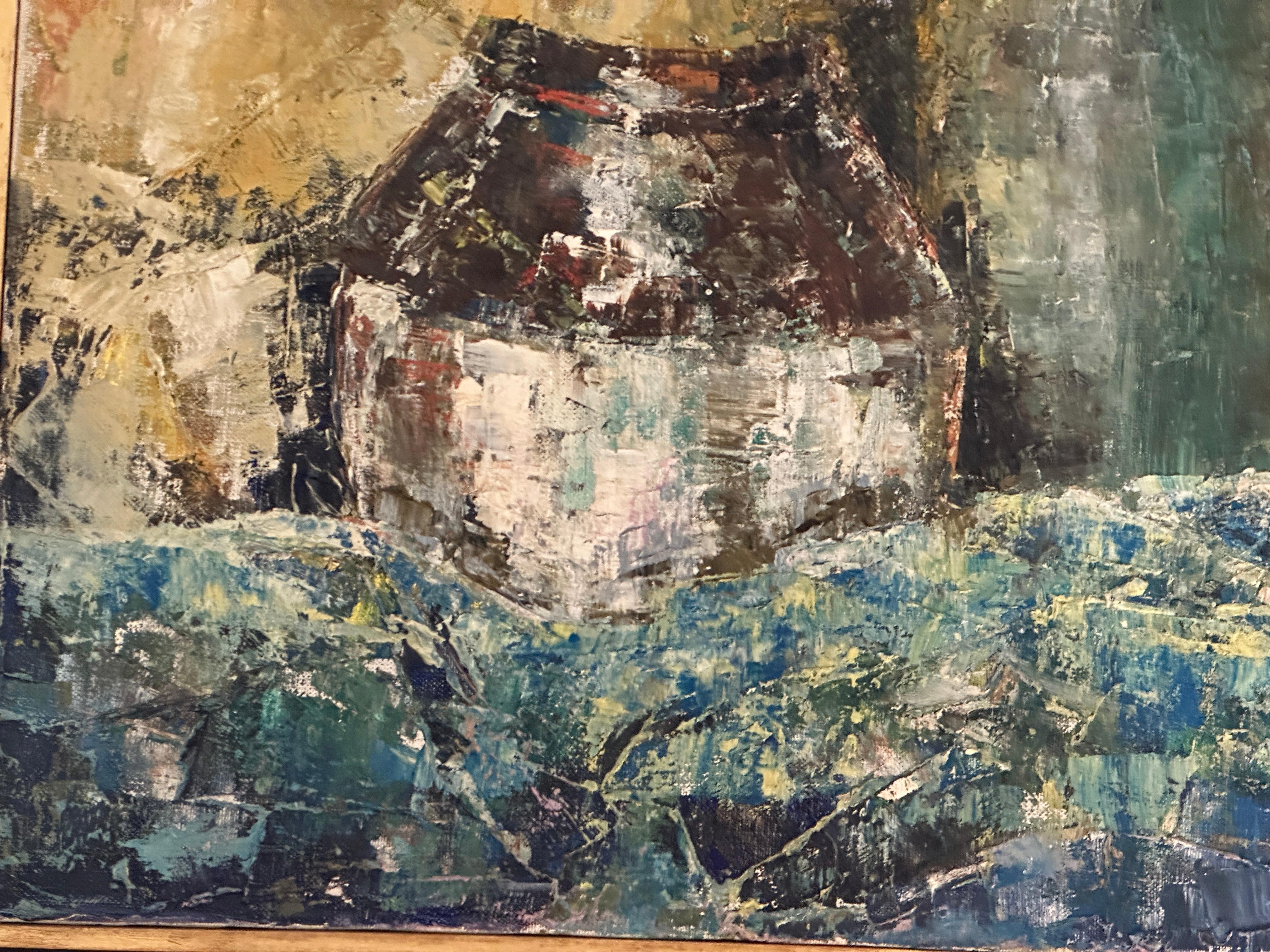 Both sober and dense lyricism characterize this oil painting by artist Ruth Selwitz, punctuated by a rich palette of colors that converse with each other, resting silently but overlapping, as if small openings of light accentuated the entire