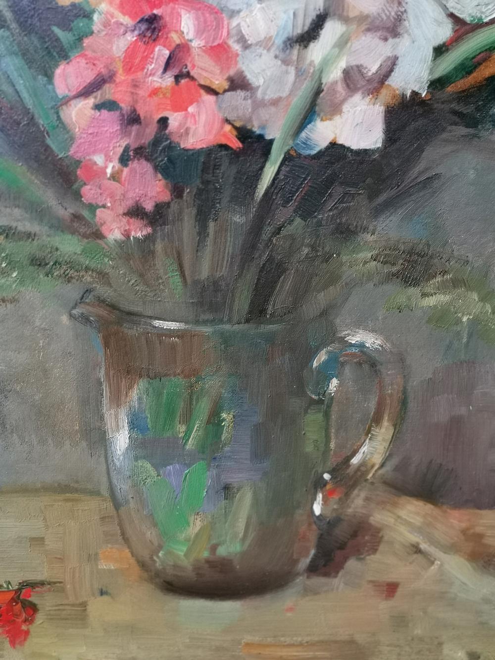 A olio Natura morta dipinta a olio, Gladiolo di Paul Kusche, 1920 in vendita