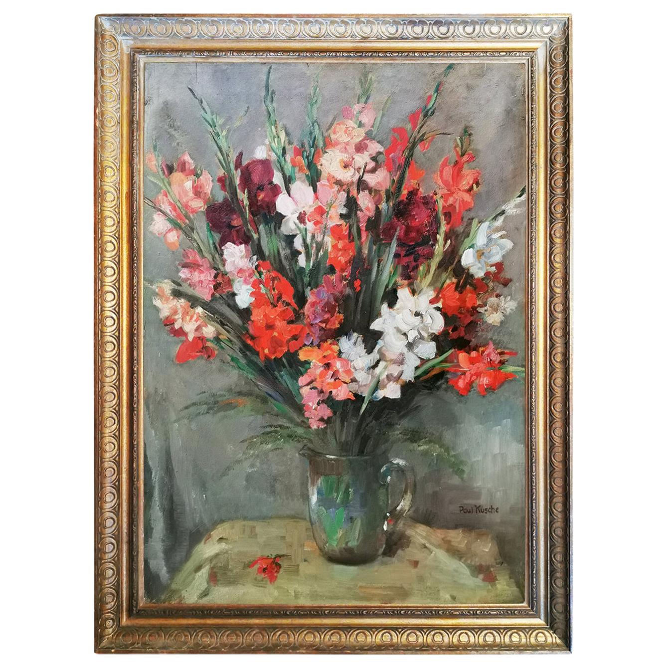 Still life Oil Painting, Gladiolus by Paul Kusche, 1920 For Sale