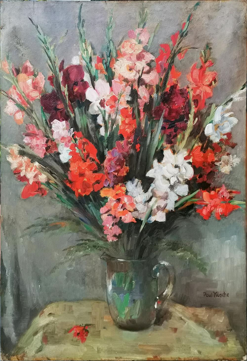 Kusche, Paul (1882-1952), vase à fleurs avec glaïeuls
Mesures :
100 cm x 70 cm (sans cadre)
39,4 po x 27,6 po (sans cadre)
huile sur carton, 1920

Peinture ancienne représentant une composition florale avec des glaïeuls rouges, roses et