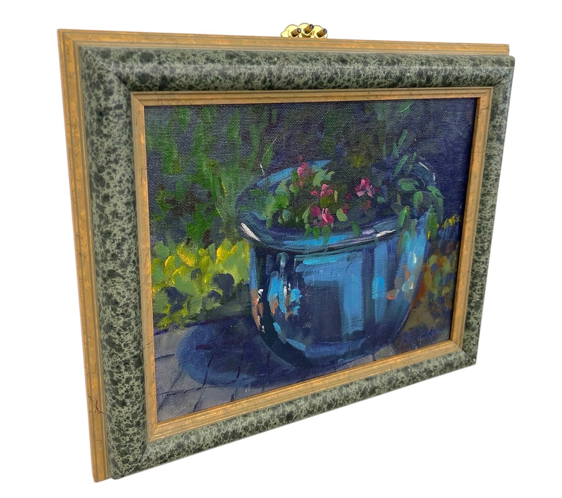 Stilleben Ölgemälde Blauer Übertopf mit Blumen von R. Glidden Gerahmt im Angebot 2