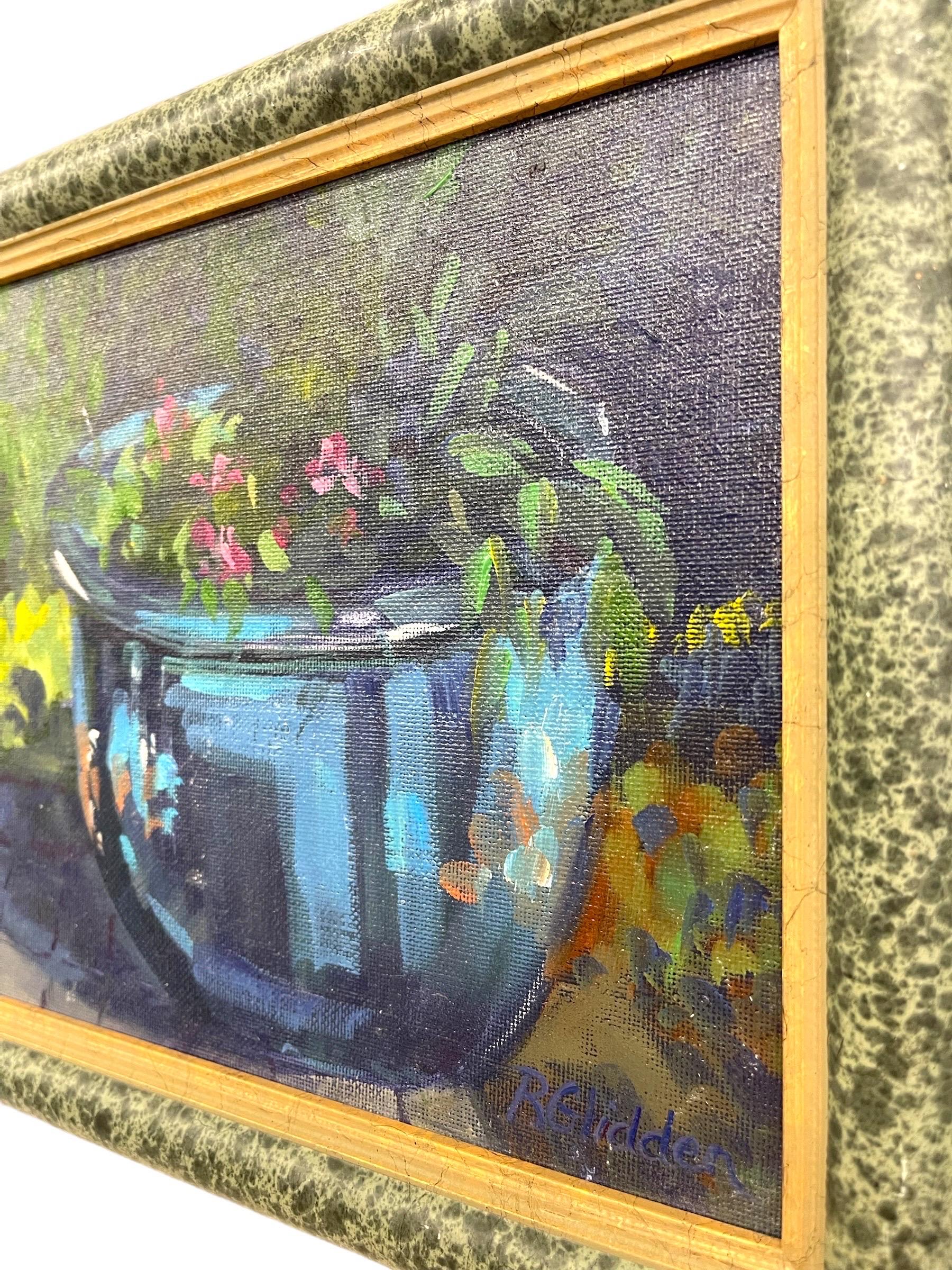 Stilleben Ölgemälde Blauer Übertopf mit Blumen von R. Glidden Gerahmt im Angebot 3