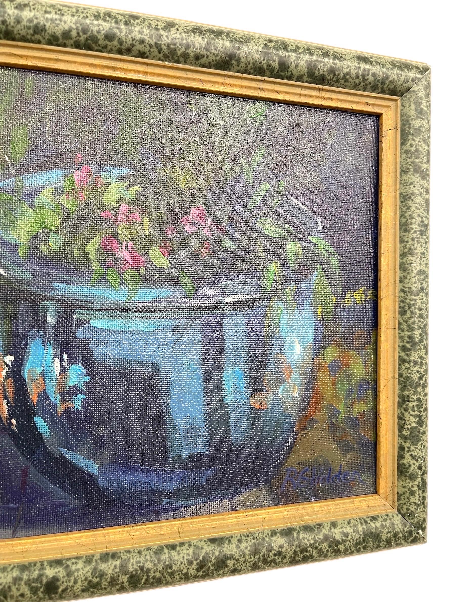 Stilleben Ölgemälde Blauer Übertopf mit Blumen von R. Glidden Gerahmt im Angebot 4