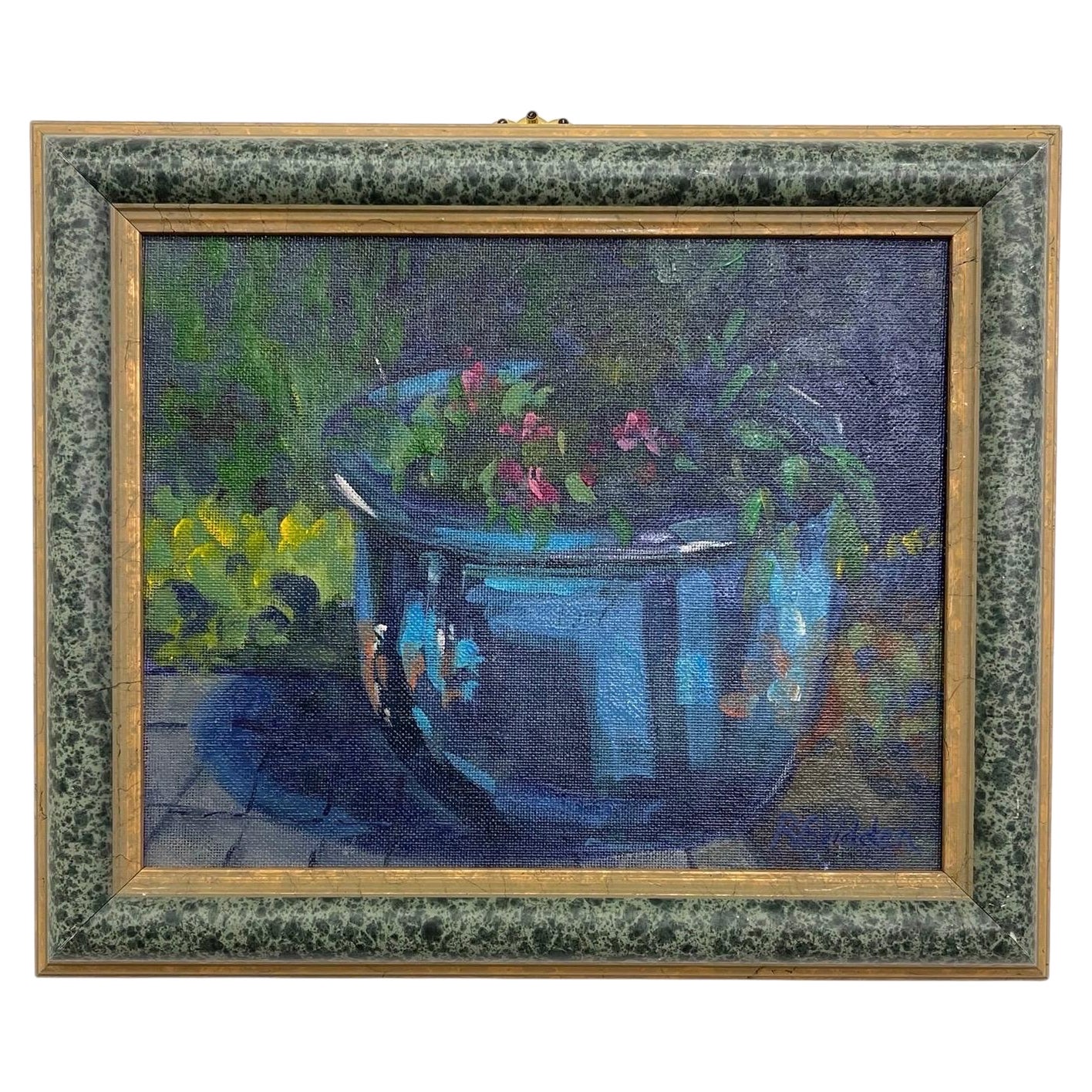 Stilleben Ölgemälde Blauer Übertopf mit Blumen von R. Glidden Gerahmt im Angebot