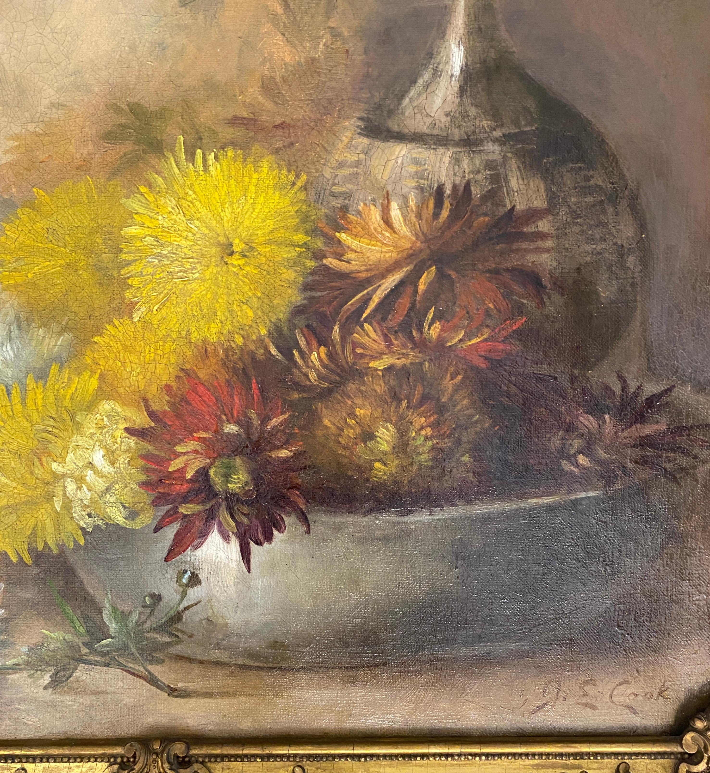 Canvas Still Life Oil Painting of Flowers 20th Century, Signed J.E. Cook For Sale