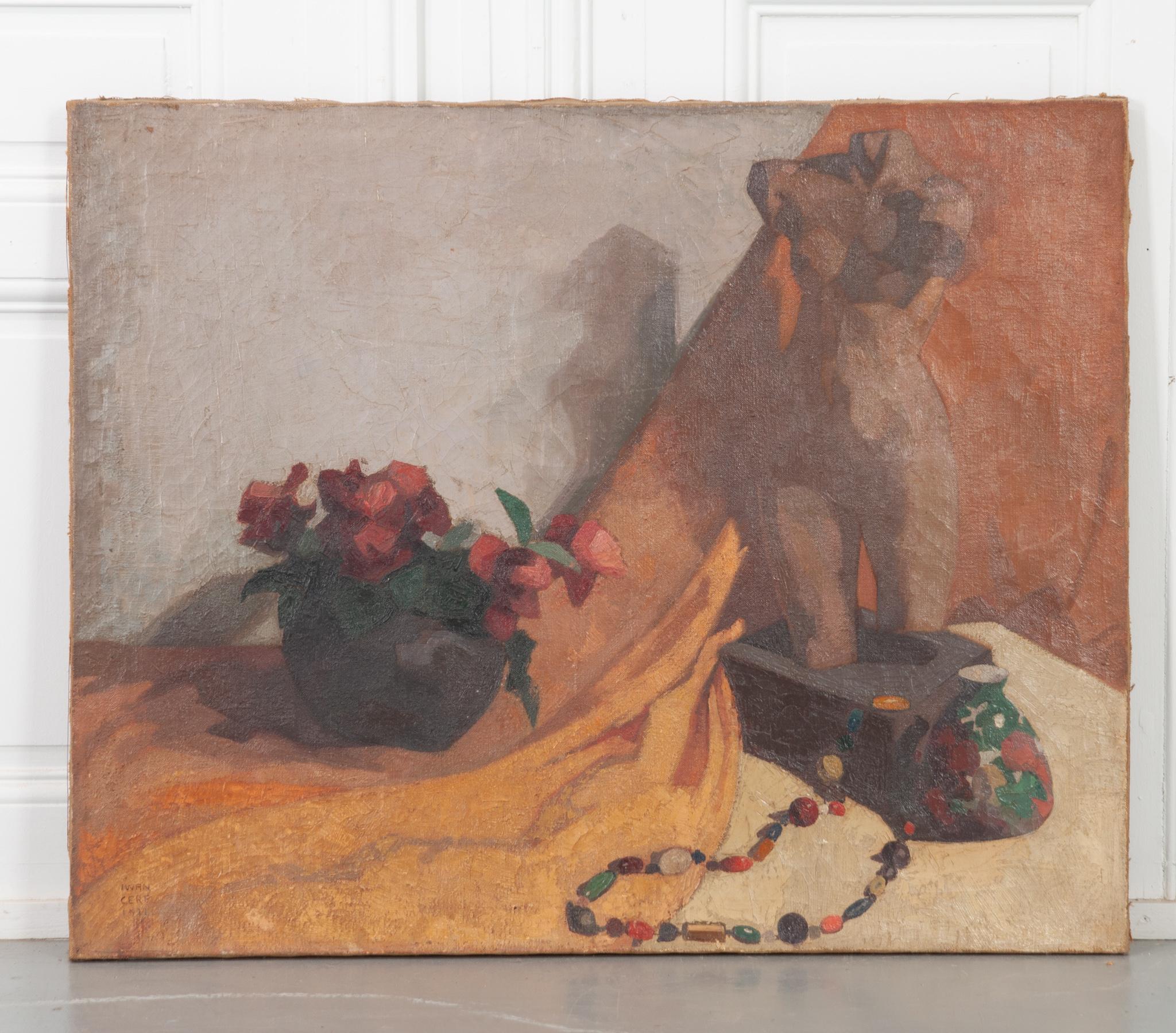 A beautiful still life painting on canvas depicting potted flowers, nude statue, a glass bead necklace, and colorful vase. Signed and dated by Belgian artist Iwan Cerf in 1921, painted while he was working in France. The paint has worn over the last