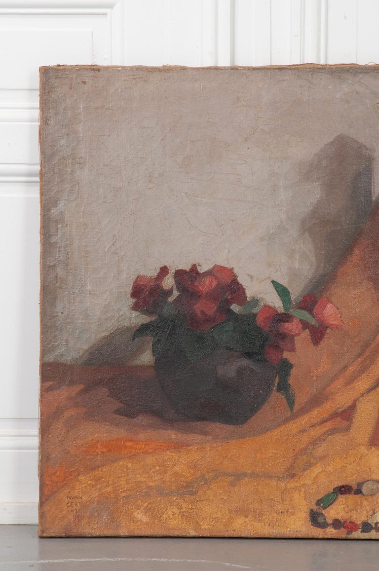 Still Life Oil Painting of Flowers and Statue For Sale at 1stDibs