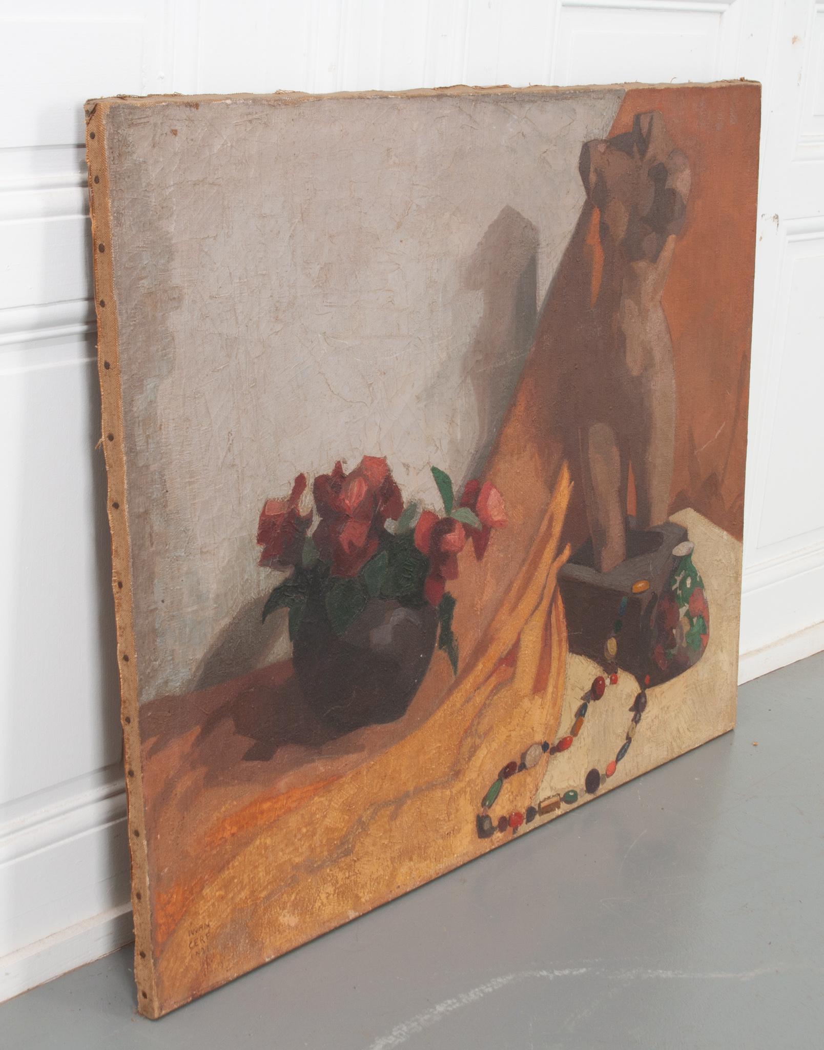 20th Century Still Life Oil Painting of Flowers & Statue