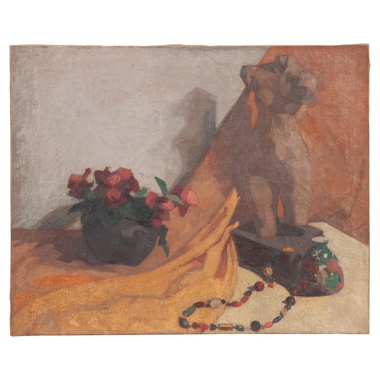Still Life Oil Painting of Flowers and Statue For Sale at 1stDibs