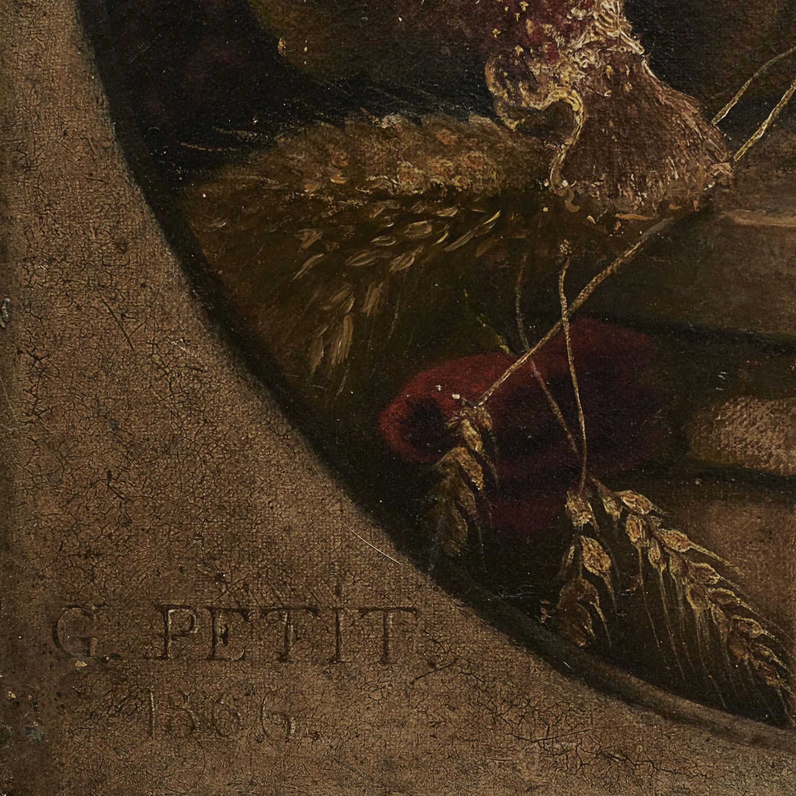 Painted Still Life Oil Painting of Fruit and Golden Pheasant, G. Petit, 1866 For Sale