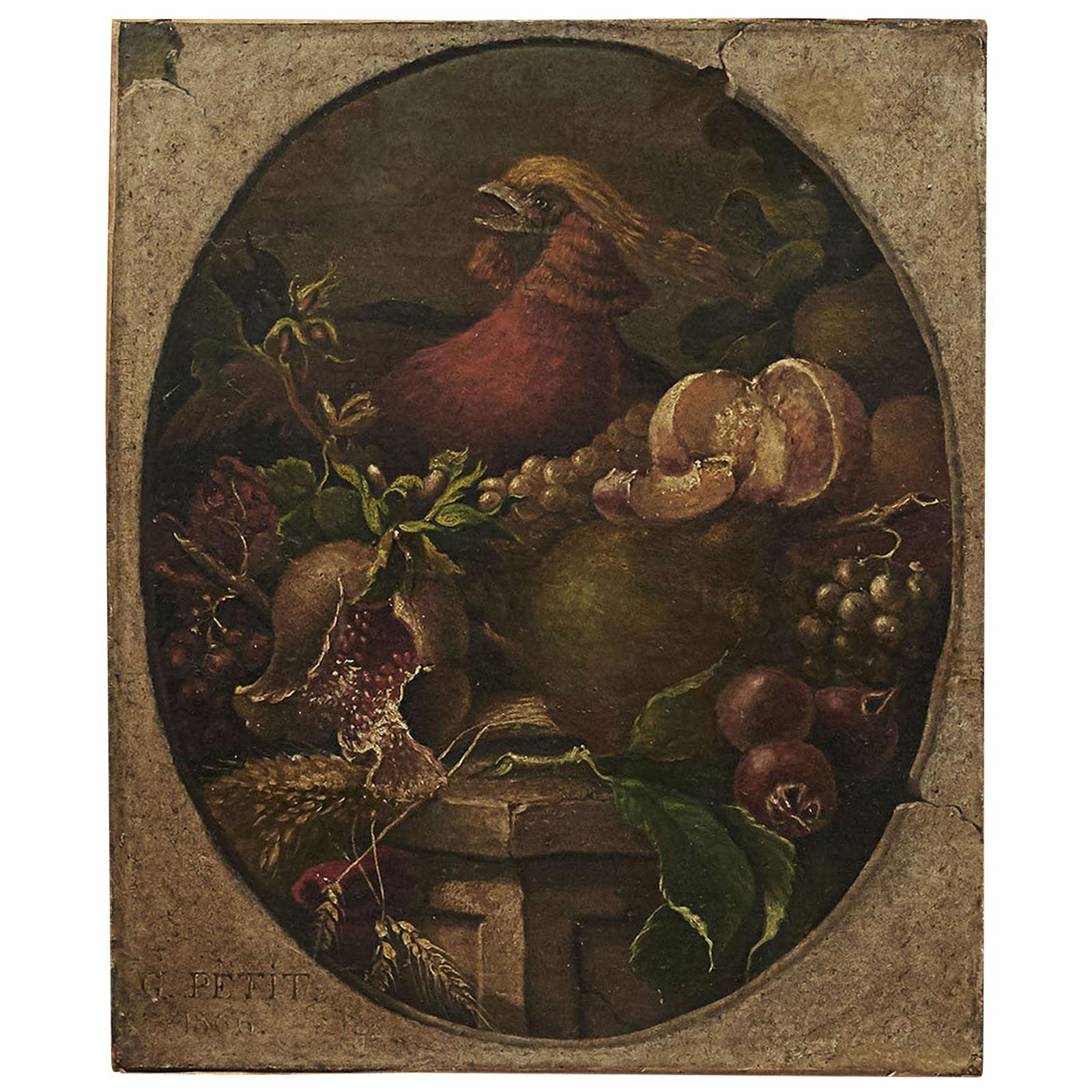 Still Life Oil Painting of Fruit and Golden Pheasant, G. Petit, 1866 For Sale