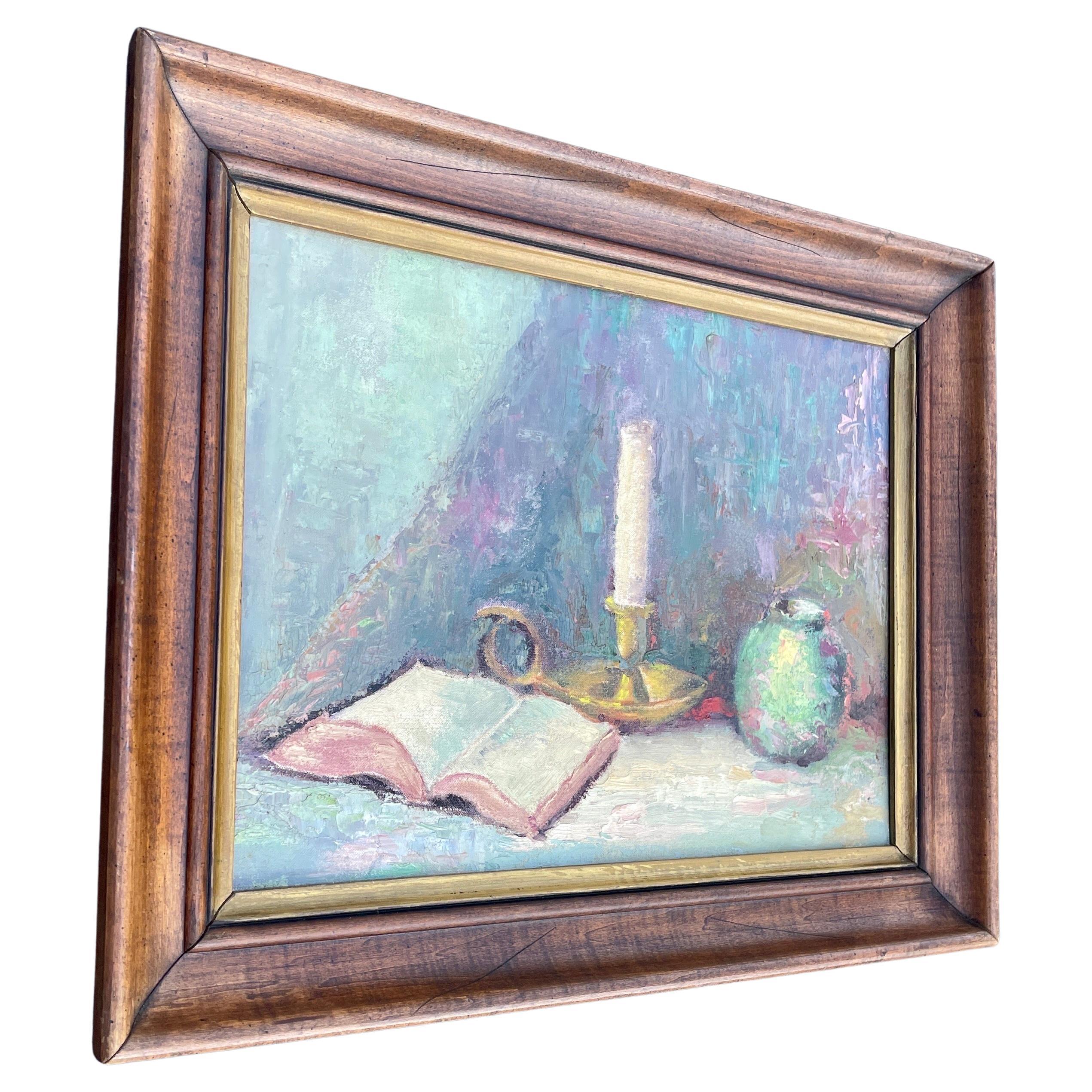 Oil Painting on Board with Book Brass Candlestick and Vase

A very simple, lifelike still-life oil on canvas. This piece has been encased in a solid wood frame with classic gold liner. This Mid 20th Century artwork features warm and soothing colors