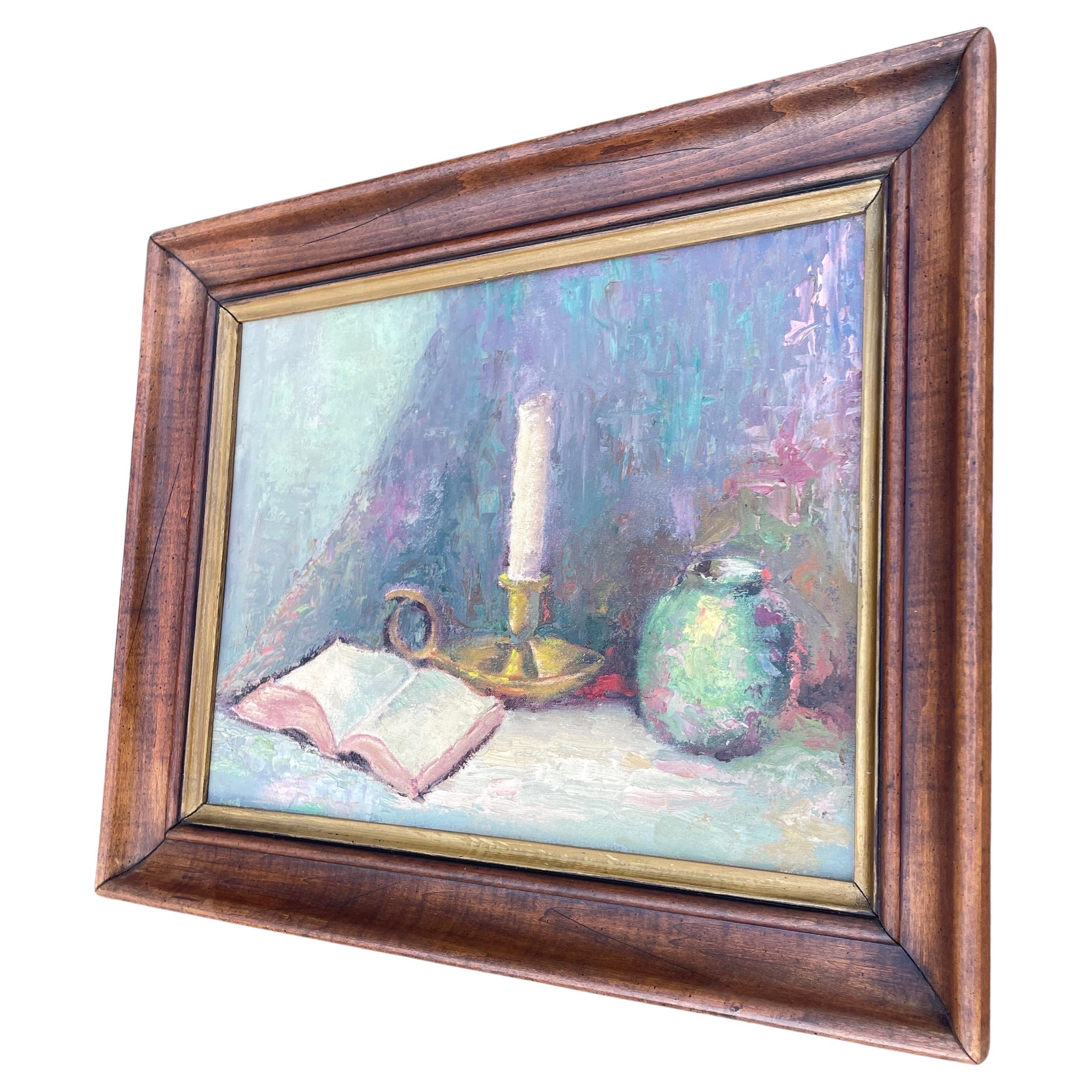 Mid-Century Modern Still Life Oil Painting on Board with Book and Brass Candlestick For Sale