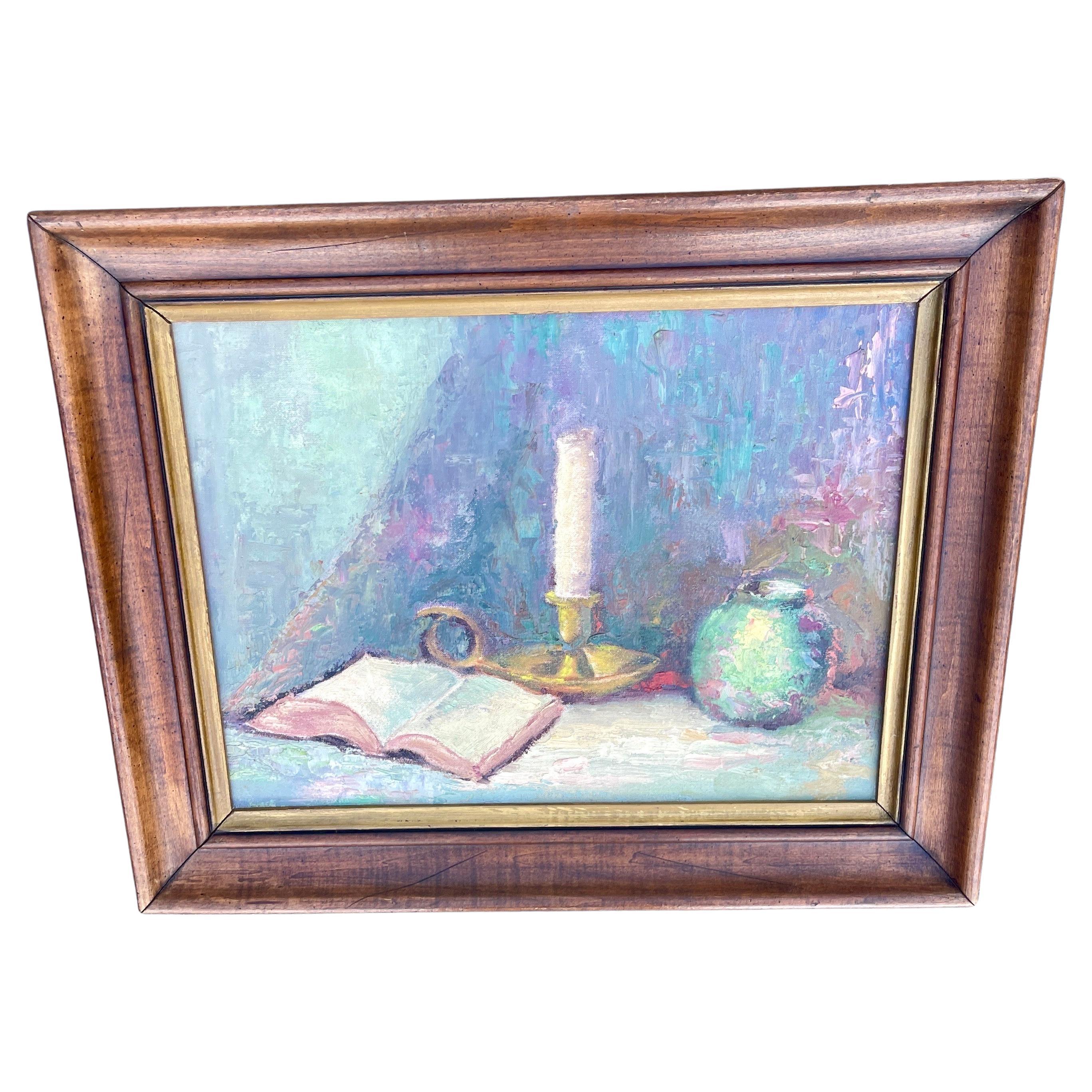 American Still Life Oil Painting on Board with Book and Brass Candlestick For Sale