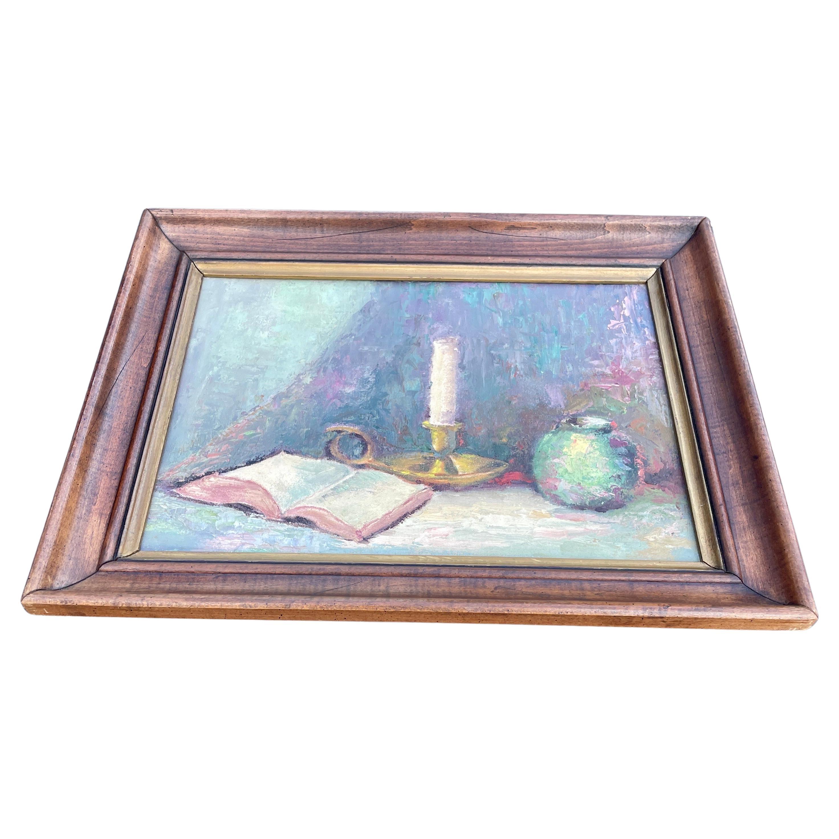 Hand-Painted Still Life Oil Painting on Board with Book and Brass Candlestick For Sale