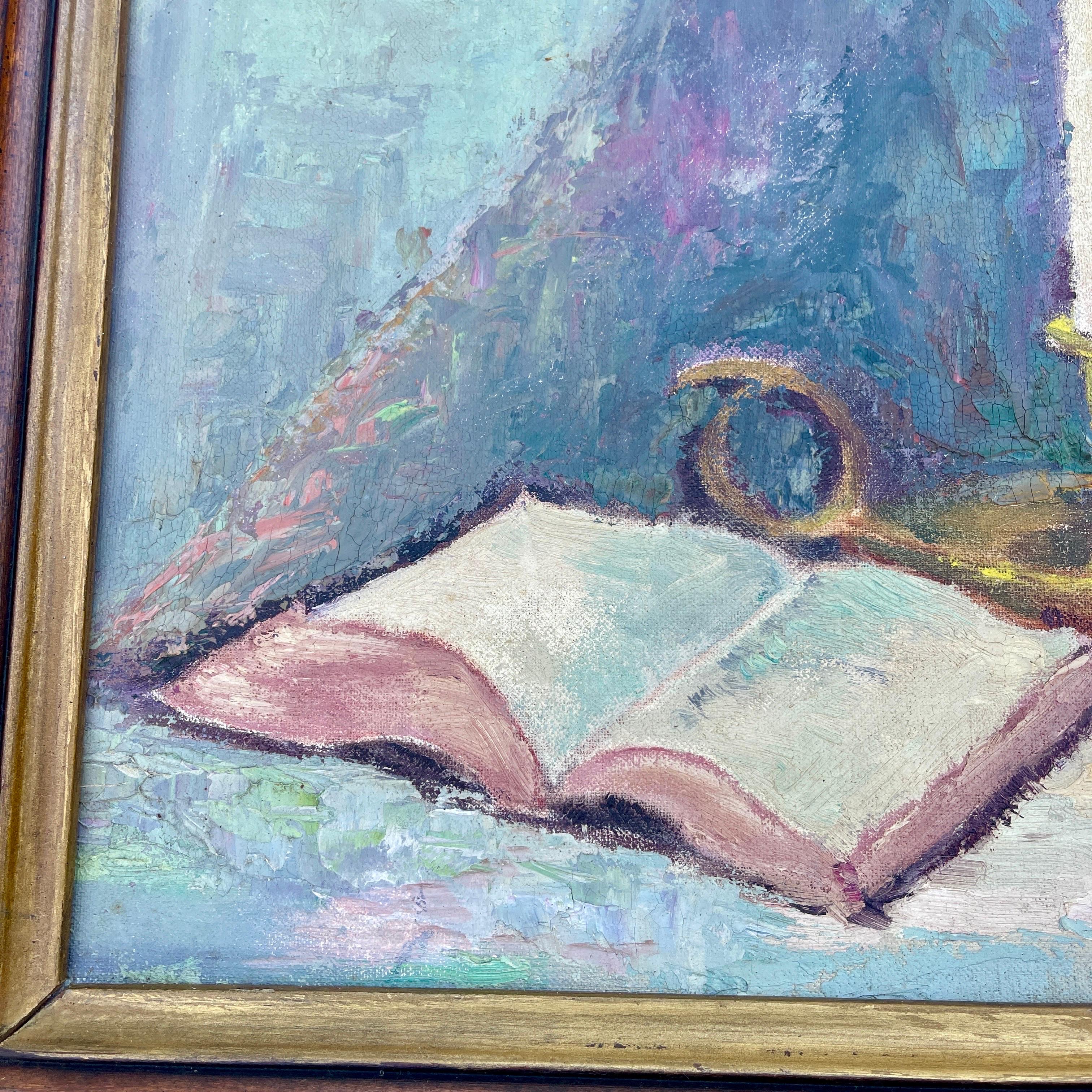Still Life Oil Painting on Board with Book and Brass Candlestick In Good Condition For Sale In Haddonfield, NJ