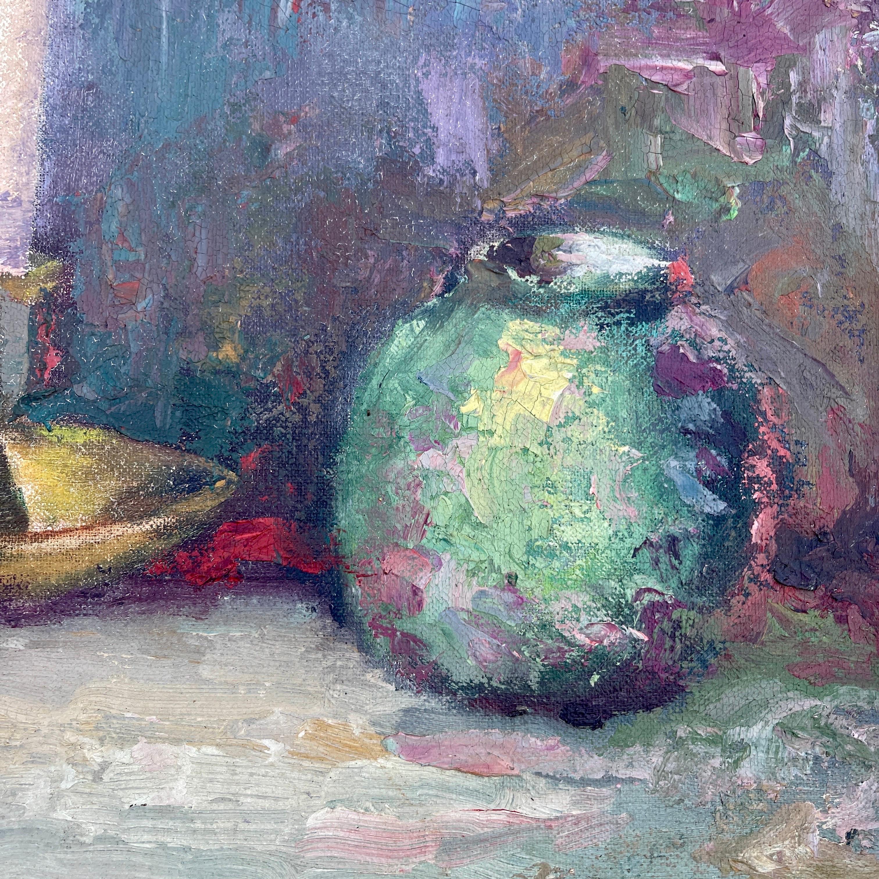 20th Century Still Life Oil Painting on Board with Book and Brass Candlestick For Sale