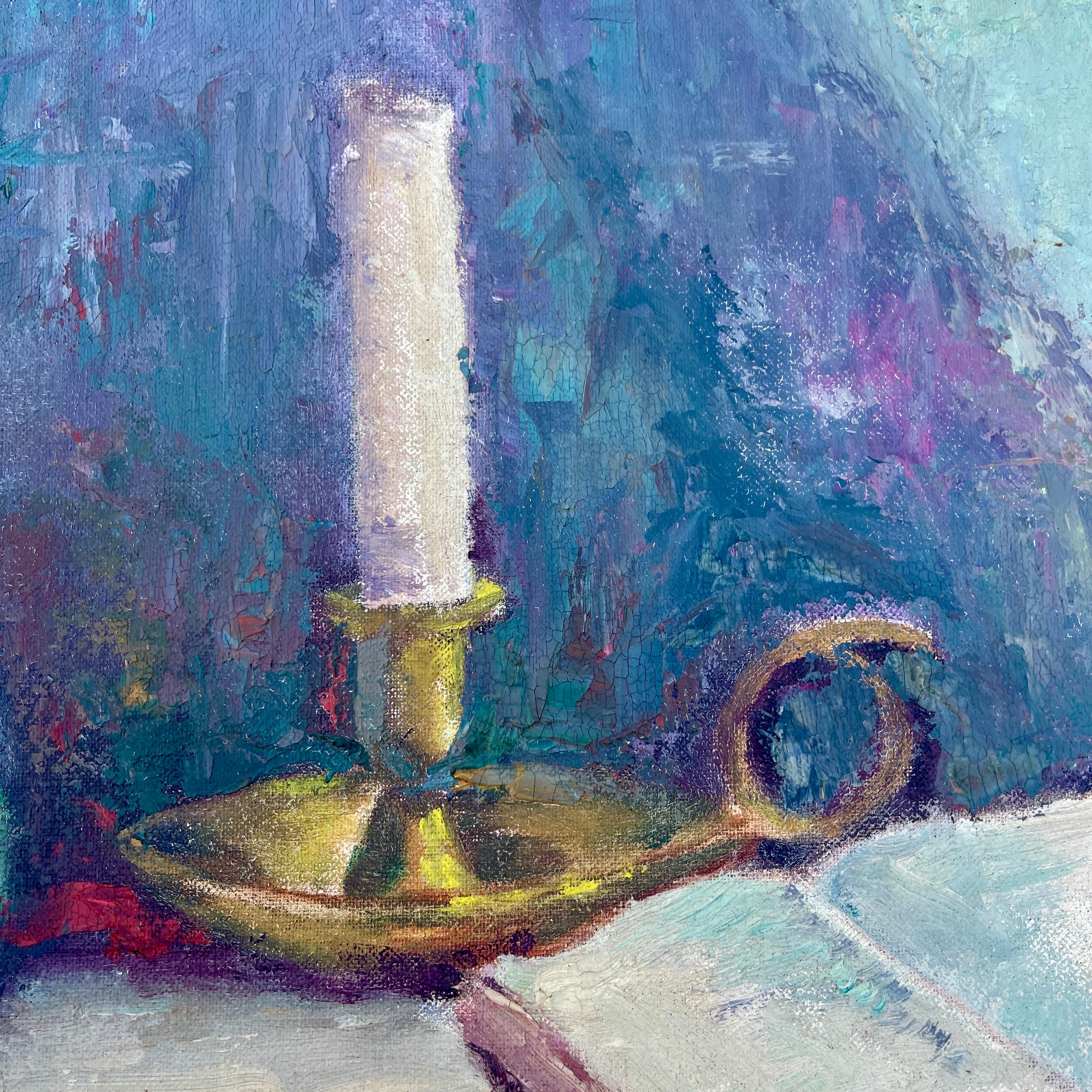 Wood Still Life Oil Painting on Board with Book and Brass Candlestick For Sale