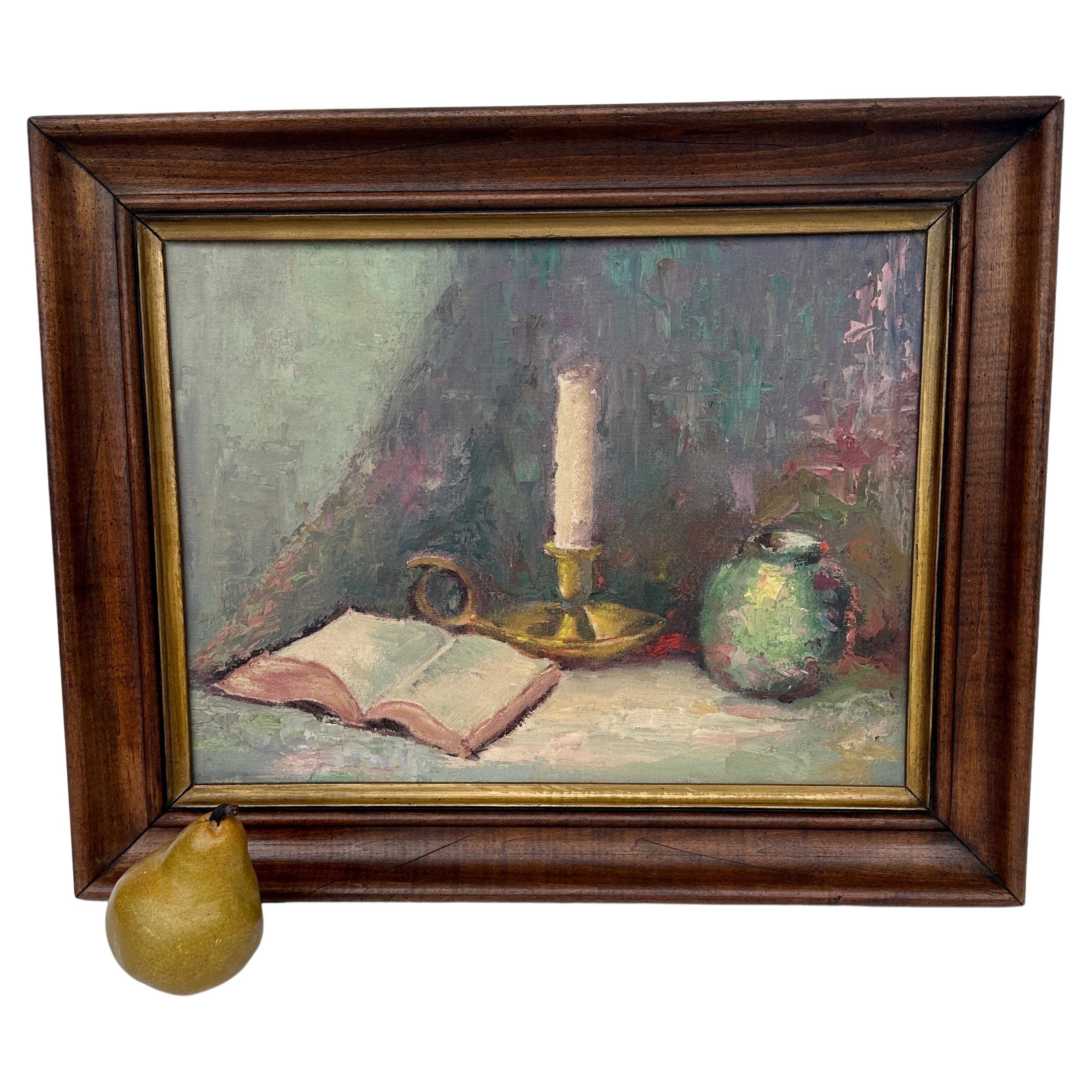 Still Life Oil Painting on Board with Book and Brass Candlestick For Sale
