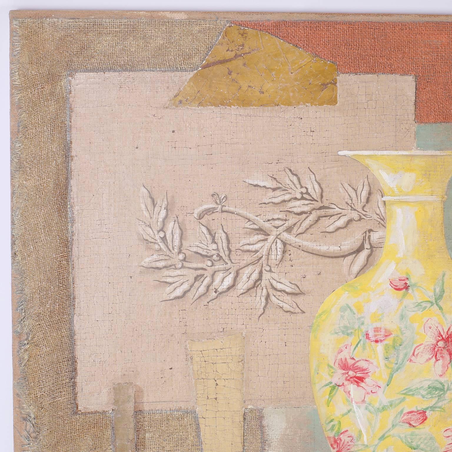 Oil painting and collage on burlap having a still life composition of two Chinese vases and a deconstructed interior with a warm silent ambiance. Signed Jacques Lamy in the lower right.