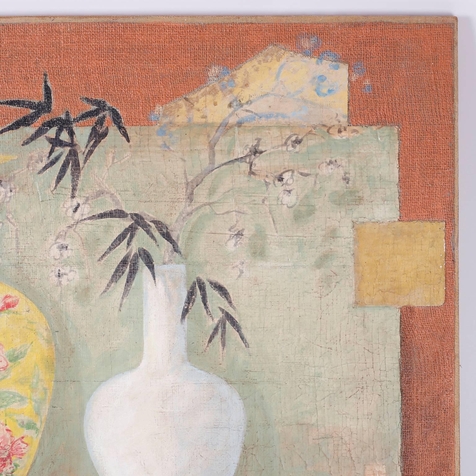 Chinoiserie Still Life Oil Painting on Burlap For Sale