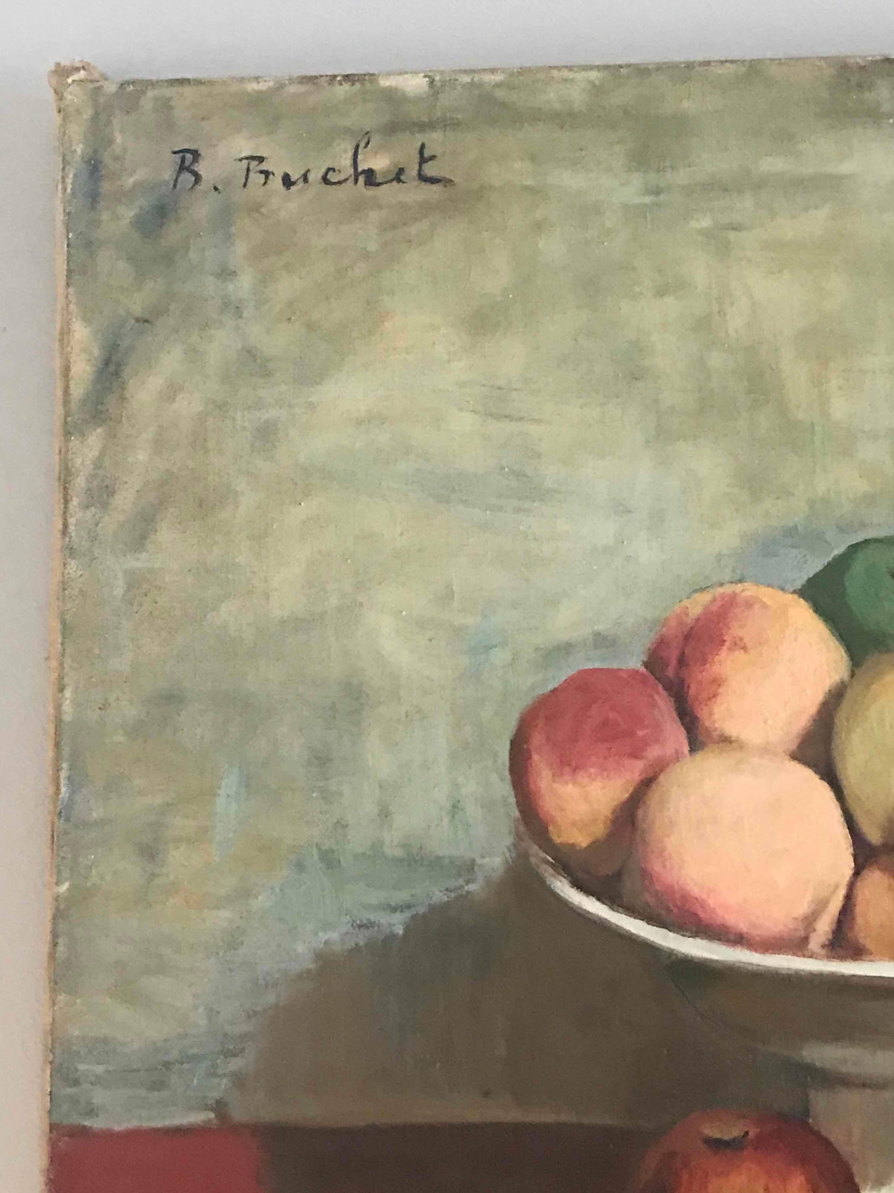 Early 20th-century French still life oil painting by artist Boris Buchet. The image depicts a bowl of fruit in a manner similar to early Cezanne. Vibrant yet contemplative, the fruits seem poised to spill out of the frame.

Boris Buchet (1917-1999)