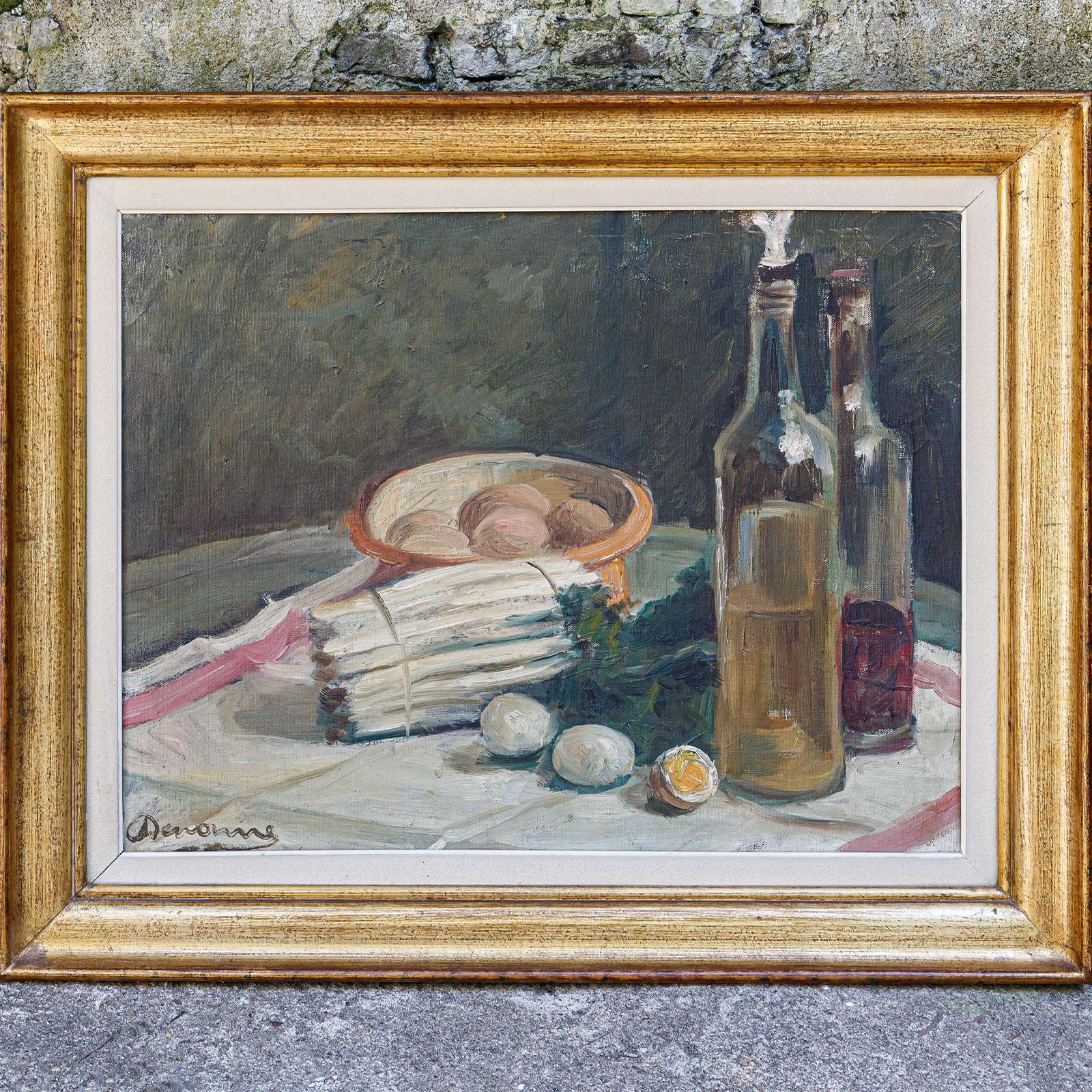 Still Life Oil Paintings Set Asparagus & Eggs and Melon by Alexandre Denonne For Sale 1