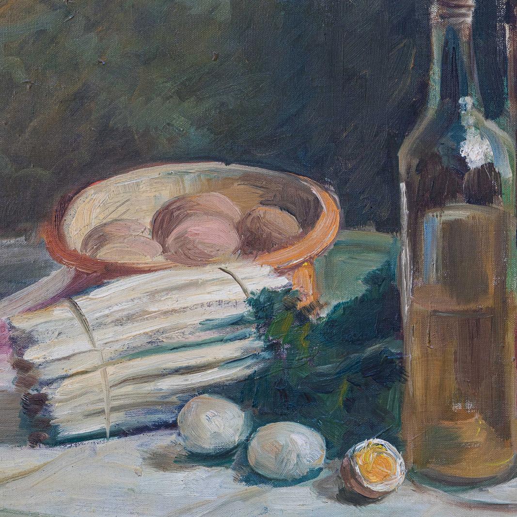 Still Life Oil Paintings Set Asparagus & Eggs and Melon by Alexandre Denonne For Sale 4