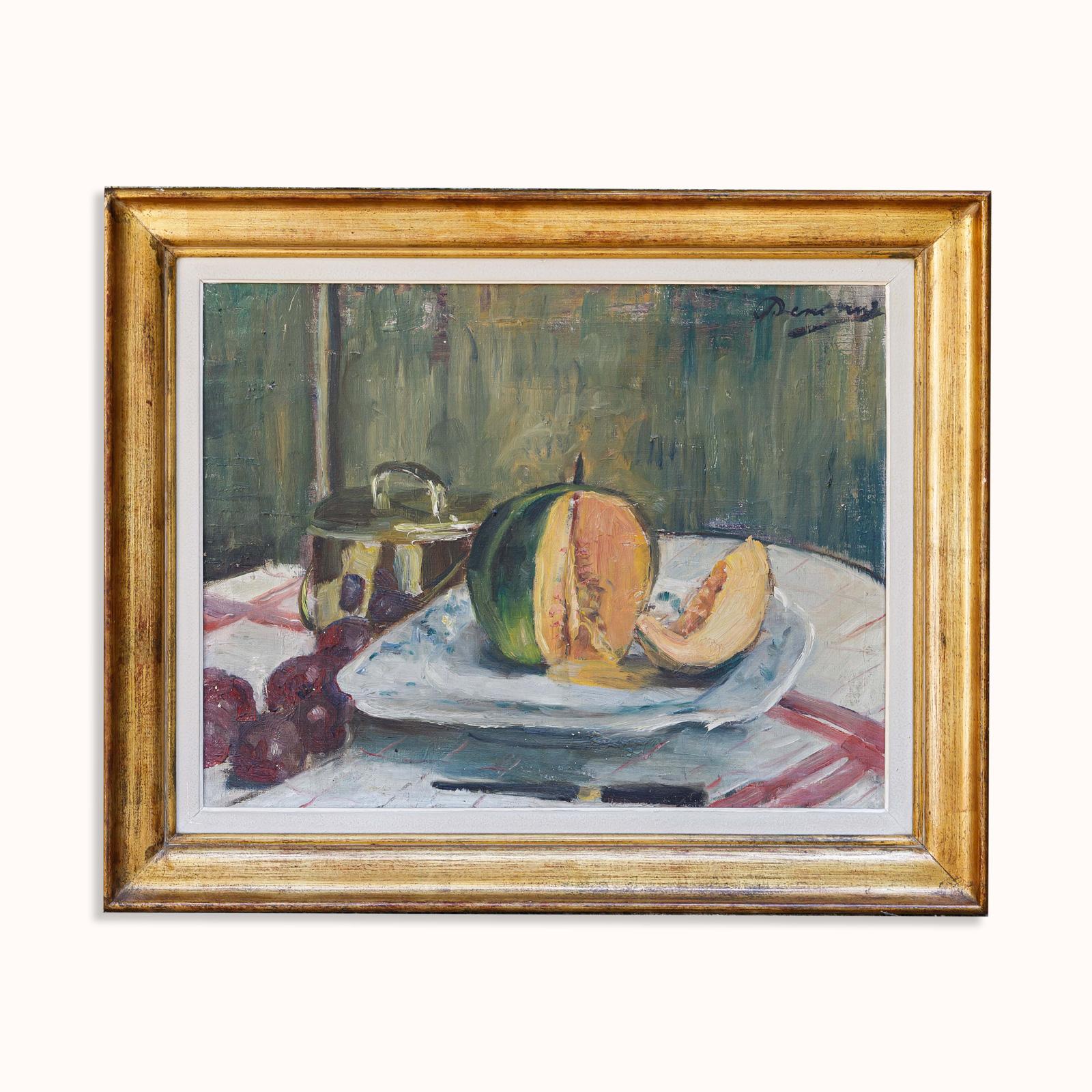 Gorgeous set of two early 20th C still life paintings by Alexandre ‘Alex’ Denonne (Belgium, 1879-1953): still life “Asparagus and eggs” and still life “Melon”.

Oil on canvas, both paintings are signed “Denonne”.

About the painter:
Alexandre