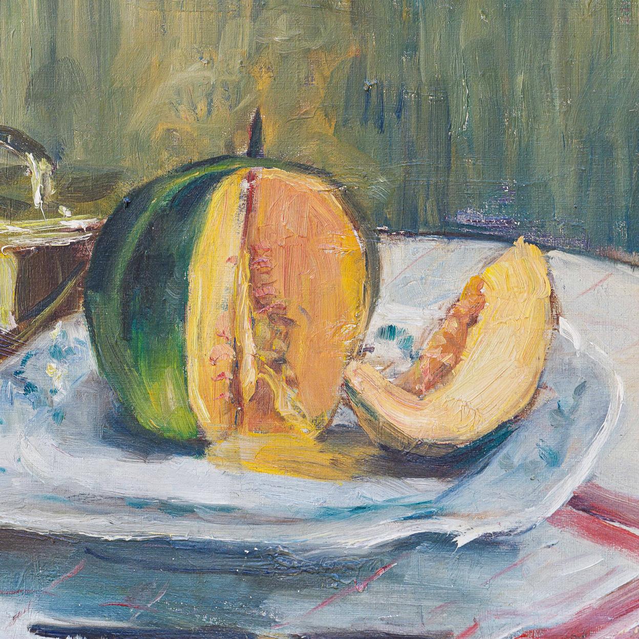 Expressionist Still Life Oil Paintings Set Asparagus & Eggs and Melon by Alexandre Denonne For Sale