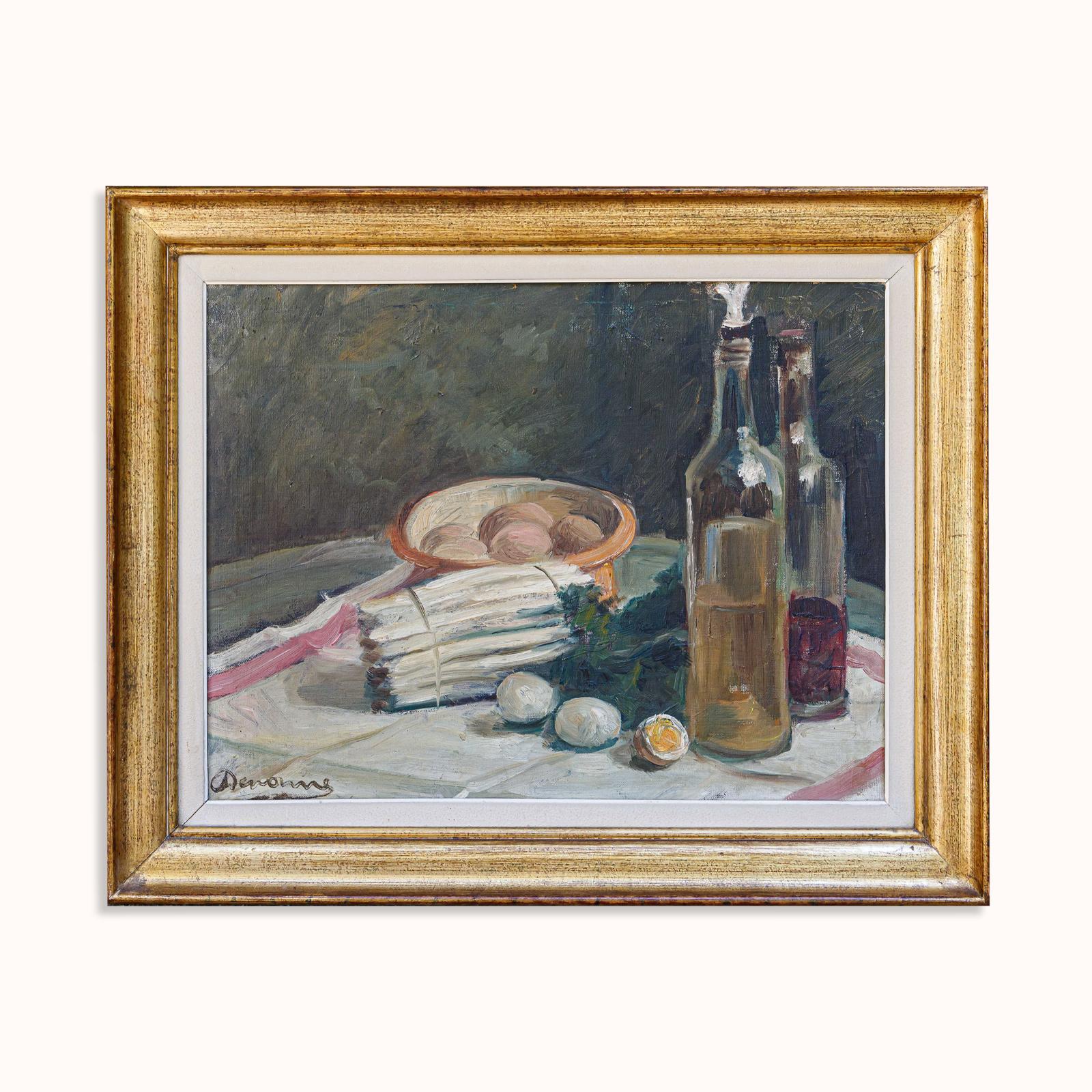 Mid-20th Century Still Life Oil Paintings Set Asparagus & Eggs and Melon by Alexandre Denonne For Sale