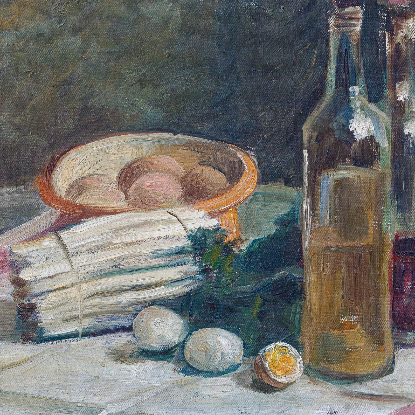Canvas Still Life Oil Paintings Set Asparagus & Eggs and Melon by Alexandre Denonne For Sale