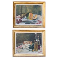 Vintage Still Life Oil Paintings Set Asparagus & Eggs and Melon by Alexandre Denonne