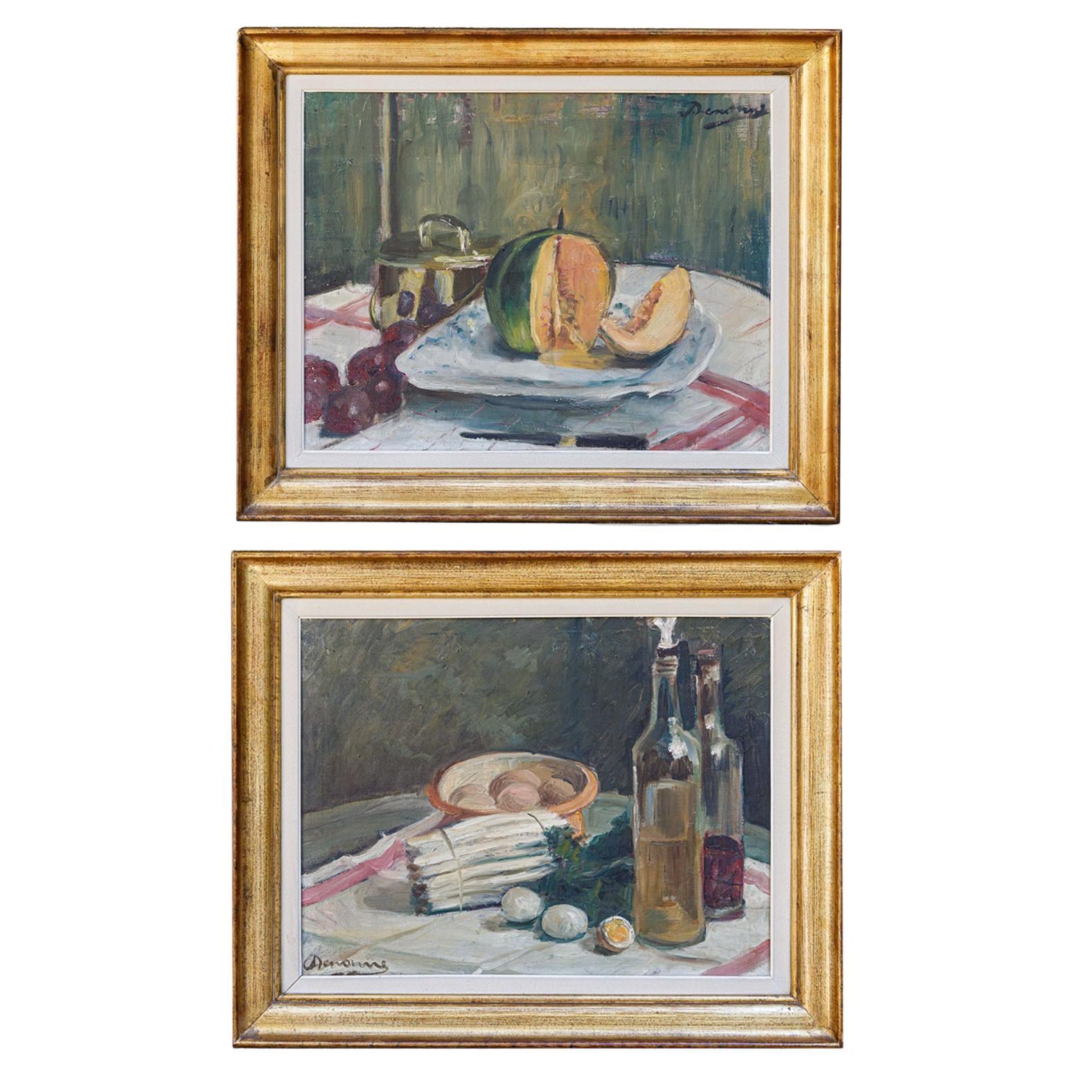 Still Life Oil Paintings Set "Asparagus & eggs" and "Melon" by Alexandre Denonne