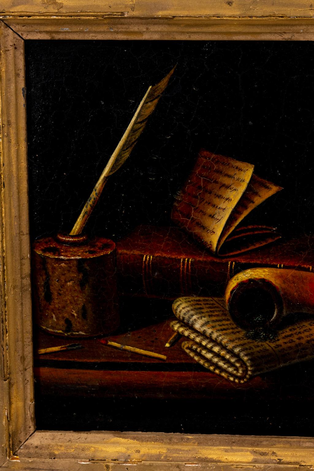Still life on copper in period frame of a pipe and book, circa 1850-1870s. The artwork is in the manner of the school of either John F. Pato or William M. Harnett. Made in the United States. Please note of wear consistent with age including