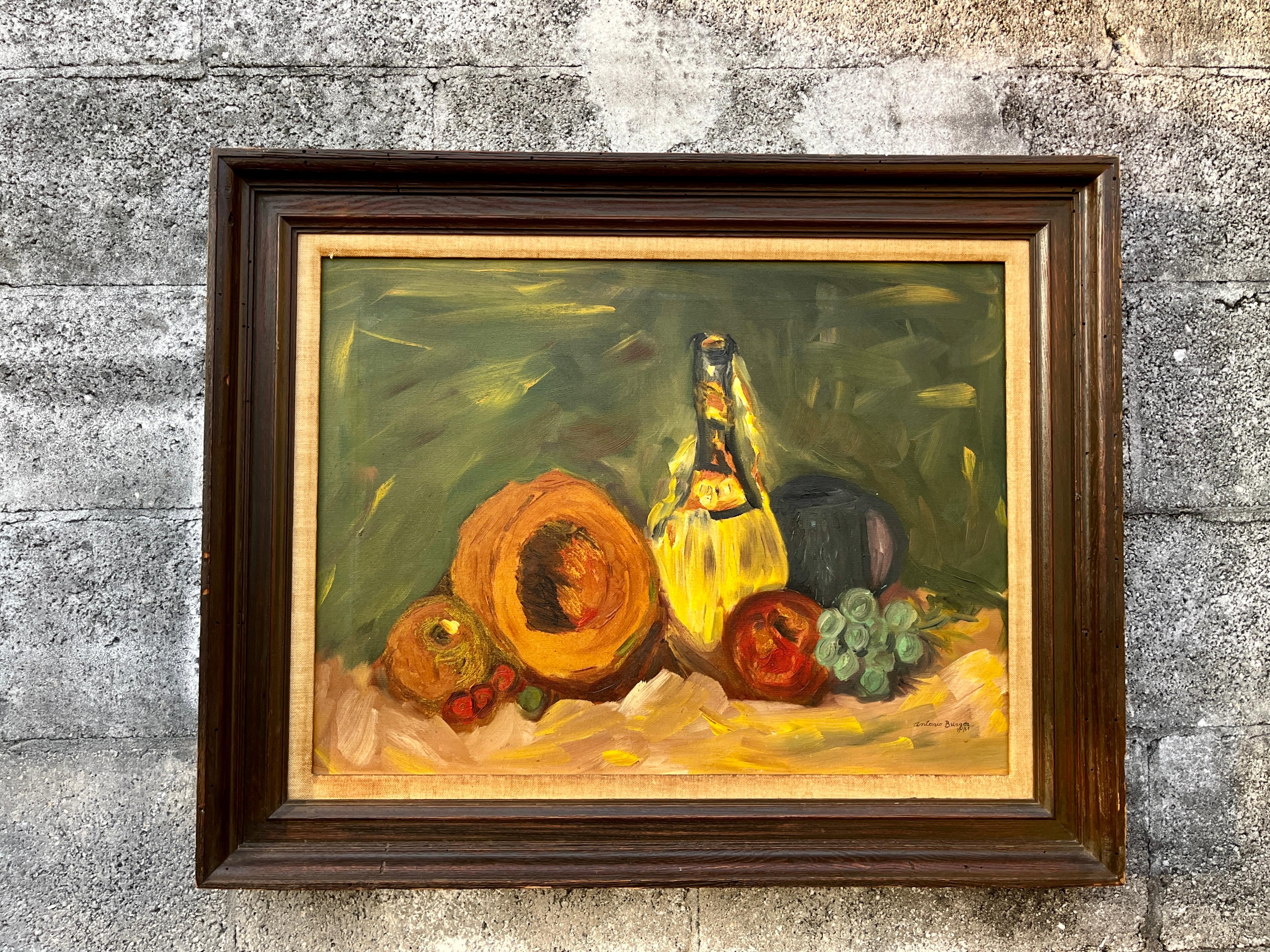 Vintage Stillleben Original Ölgemälde auf Leinwand, gerahmt und vom Künstler signiert.
Ein Stilleben mit Cantaloupe und Chianti-Flasche in Öl auf Leinwand, gerahmt mit einem Massivholzrahmen in Used-Optik. 
Signiert 