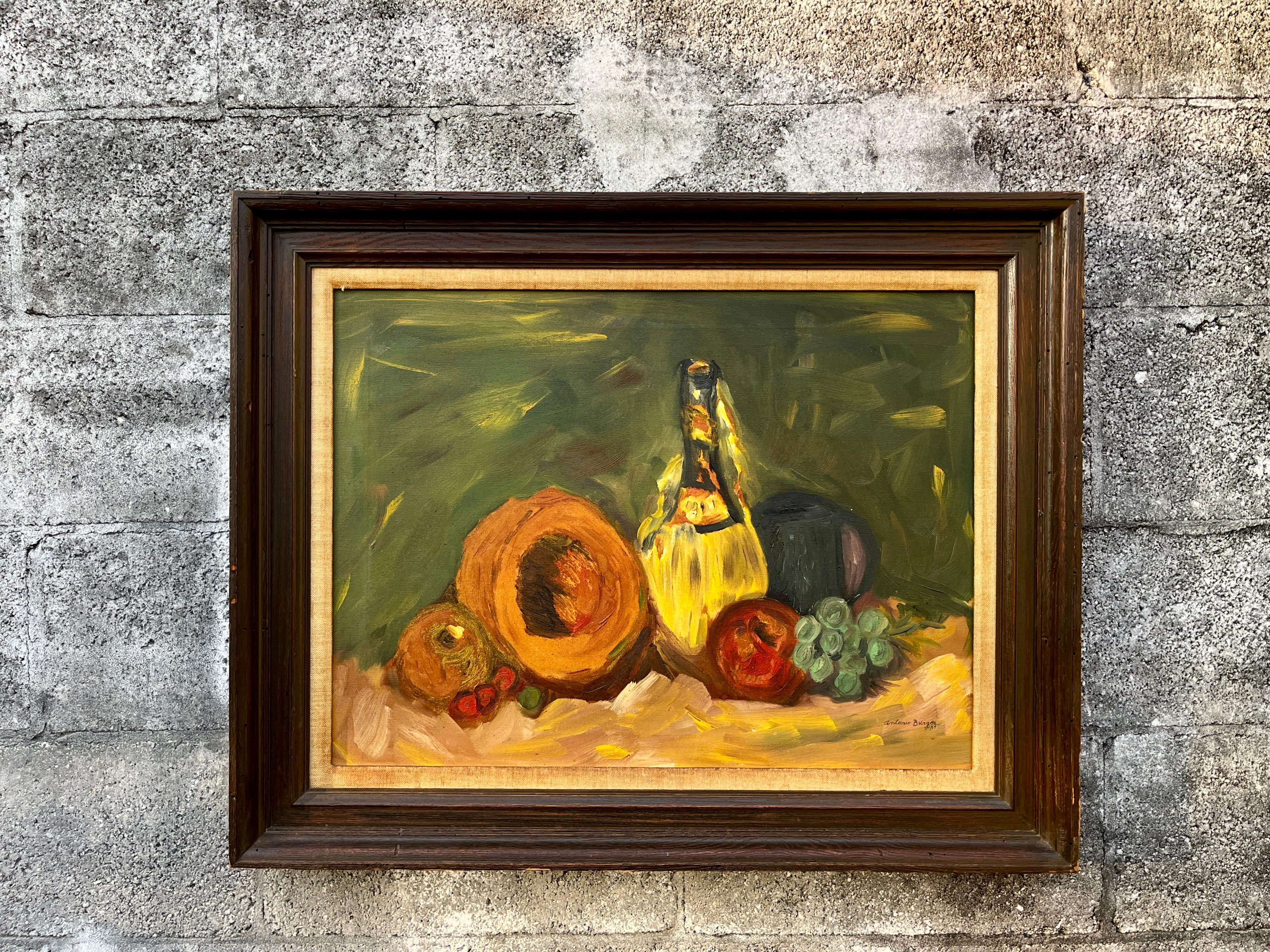 Stillleben Original Ölgemälde auf Leinwand, gerahmt und vom Künstler signiert. (Rustikal) im Angebot