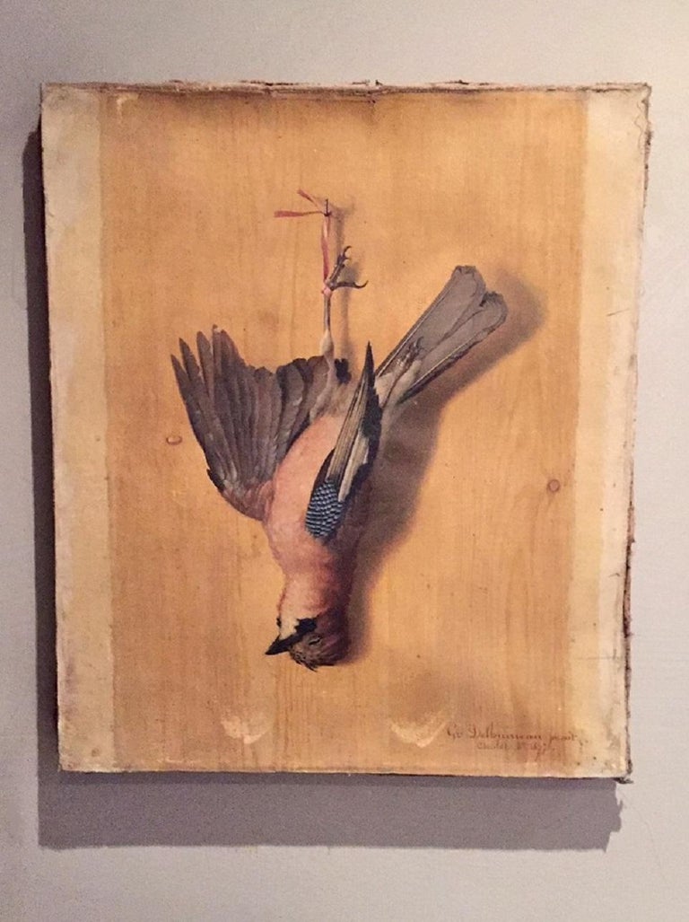 A so called Trompe L'oeil painting depicting a small bird on a wooden plank. These Trompe L'Oeil (deception of the eye) paintings were already made in the 16th century and developed in to a genre in the 17th century. The objective was to paint