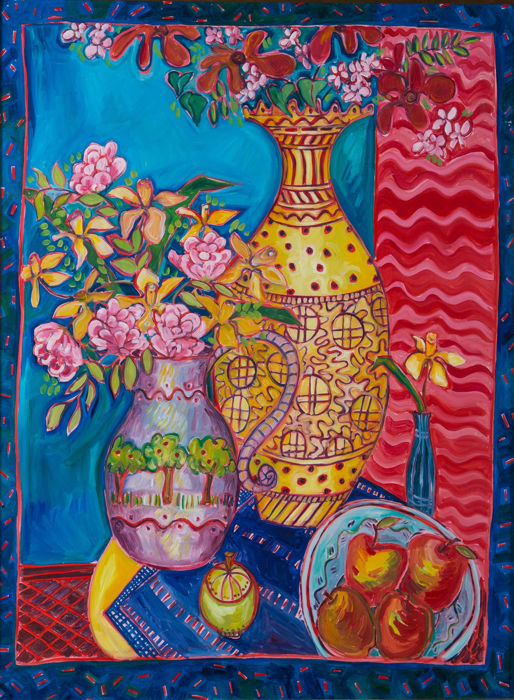 Colorful still life painting by artist Jane Kewin, Ottawa, Canada. Yellow, blue, red, pink. Turquoise colors.
Created in 1991. Giltwood frame.
