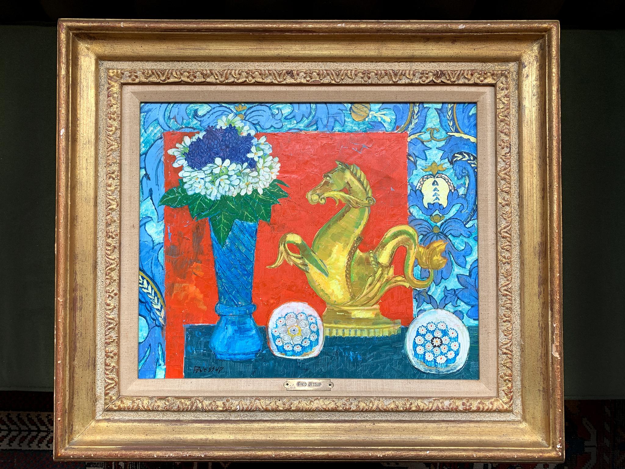 By the Australian artist Frederick Arthur Jessup (1920-2007) - a painter of vivid still-life and interior scenes that are rich with pattern and bold color. This oil-on-canvas painting is framed in an ornate giltwood frame. Signed on the lower left.