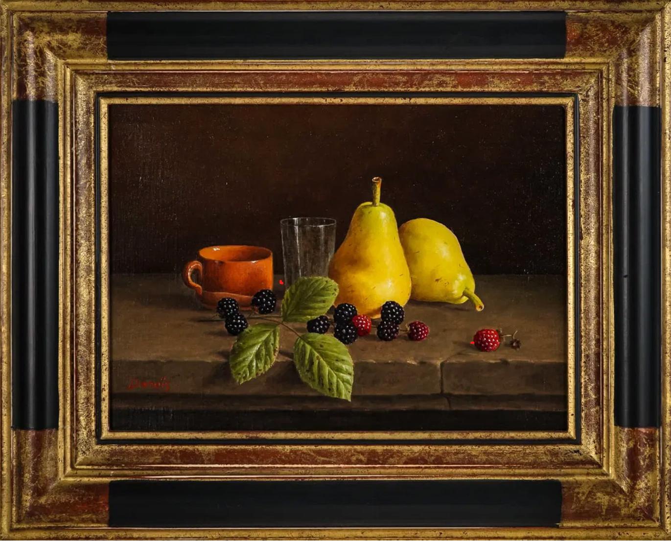 Jean Marie Daneis (francés 1944-) 
Mures et Poires,
Óleo sobre lienzo,
Firmado abajo a la izquierda 

El bodegón representa dos peras y moras, rojas y negras, así como un tallo verde junto con una taza de café y un vaso para beber sobre una mesa de