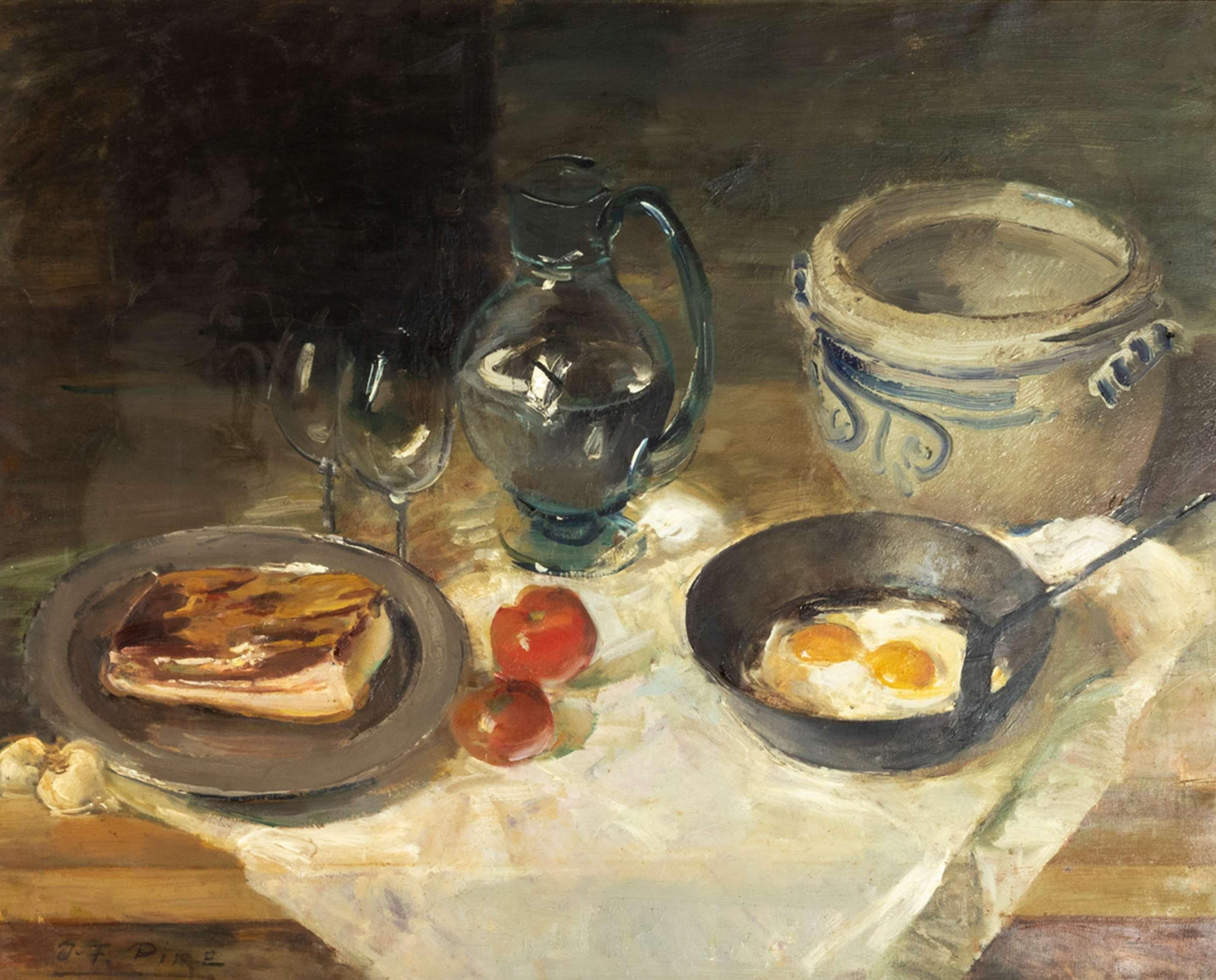 A proper meal on a pronvençal table, eggs and pastry, large glass pitcher and a vase ,all in brown, gray, and beige background. 
The monochromatic use of color is in Flemish tradition with a trail of a realistic rendition. 
Oil on canvas with a