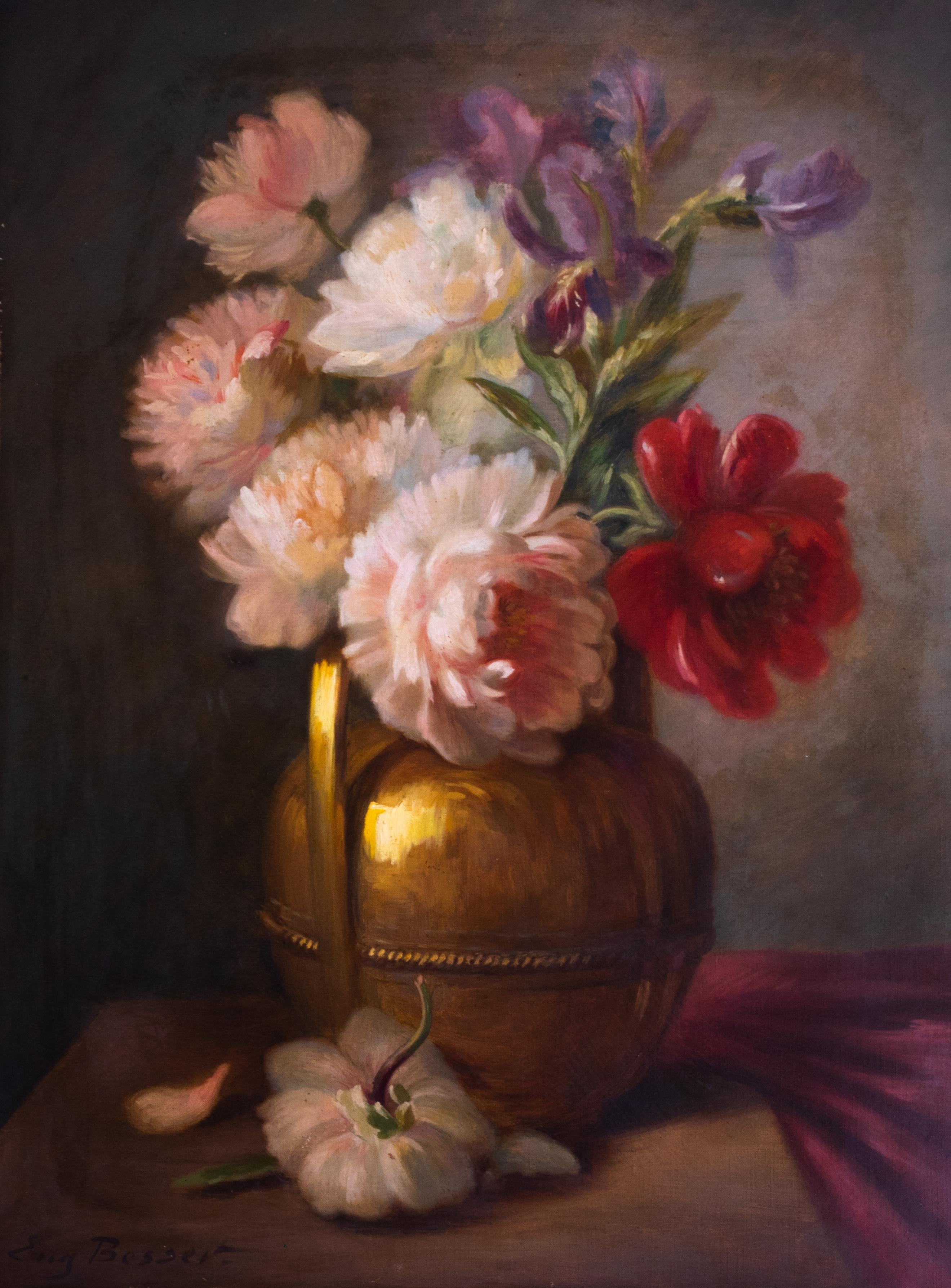 A rare large-scale painting of a still life of flowers, roses, purple lilies and red poppies in a round copper urn, using the sfumato technique to create soft contrasts between tones, signed 