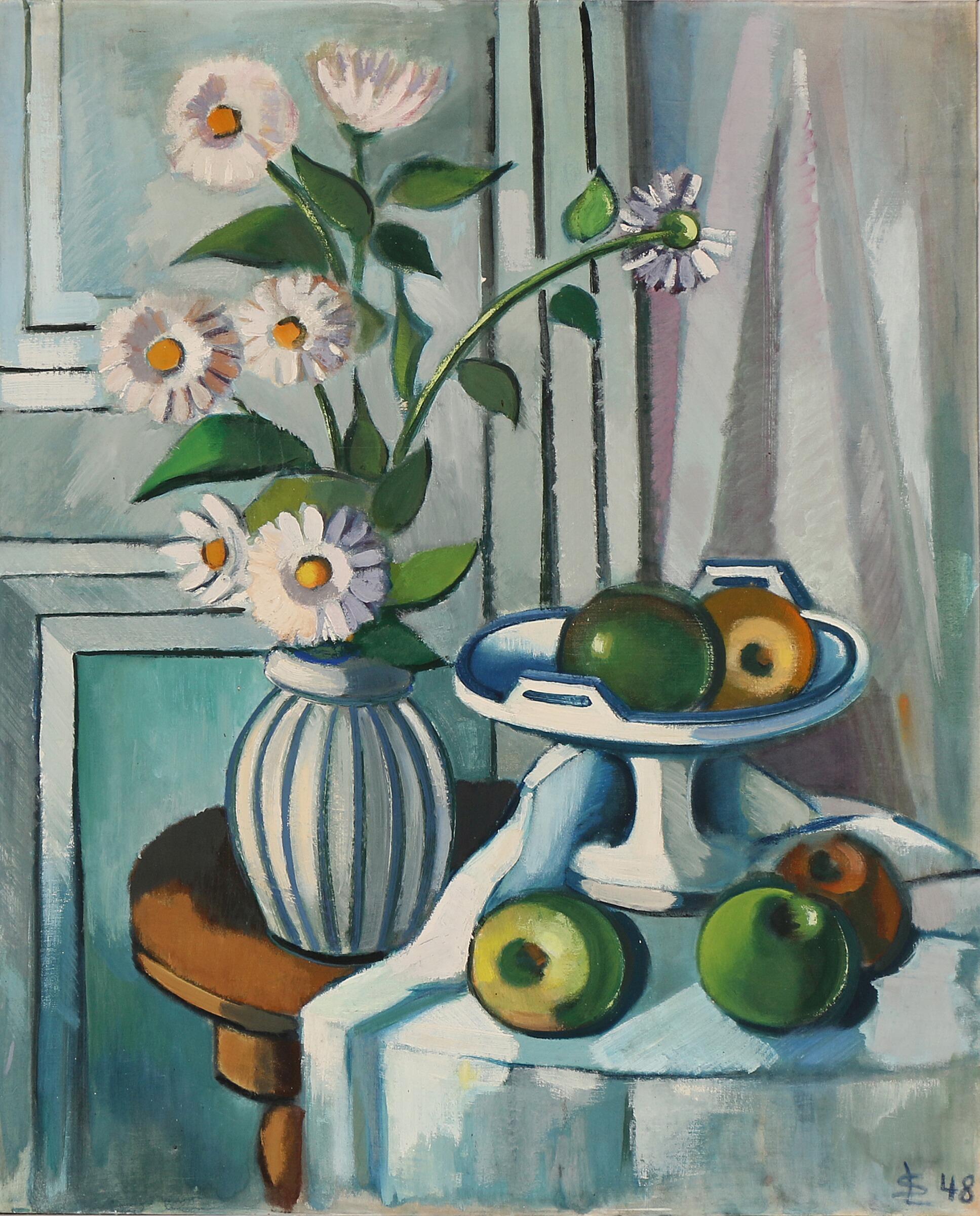 Svend Aage Lindstrøm, Danish artist 1902-1991. Still life with flowers and fruits. Signed with monogram 48. Oil on canvas laid on board. Painted on the reverse. Measures: 75×62 cm.